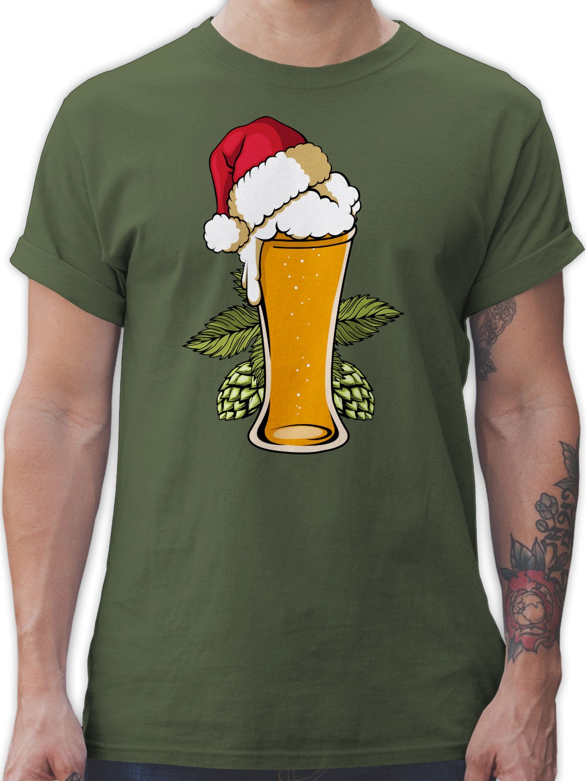 Shirtracer T-Shirt Bierglas mit Weihnachtsmütze Weihachten Kleidung 03 Army Grün