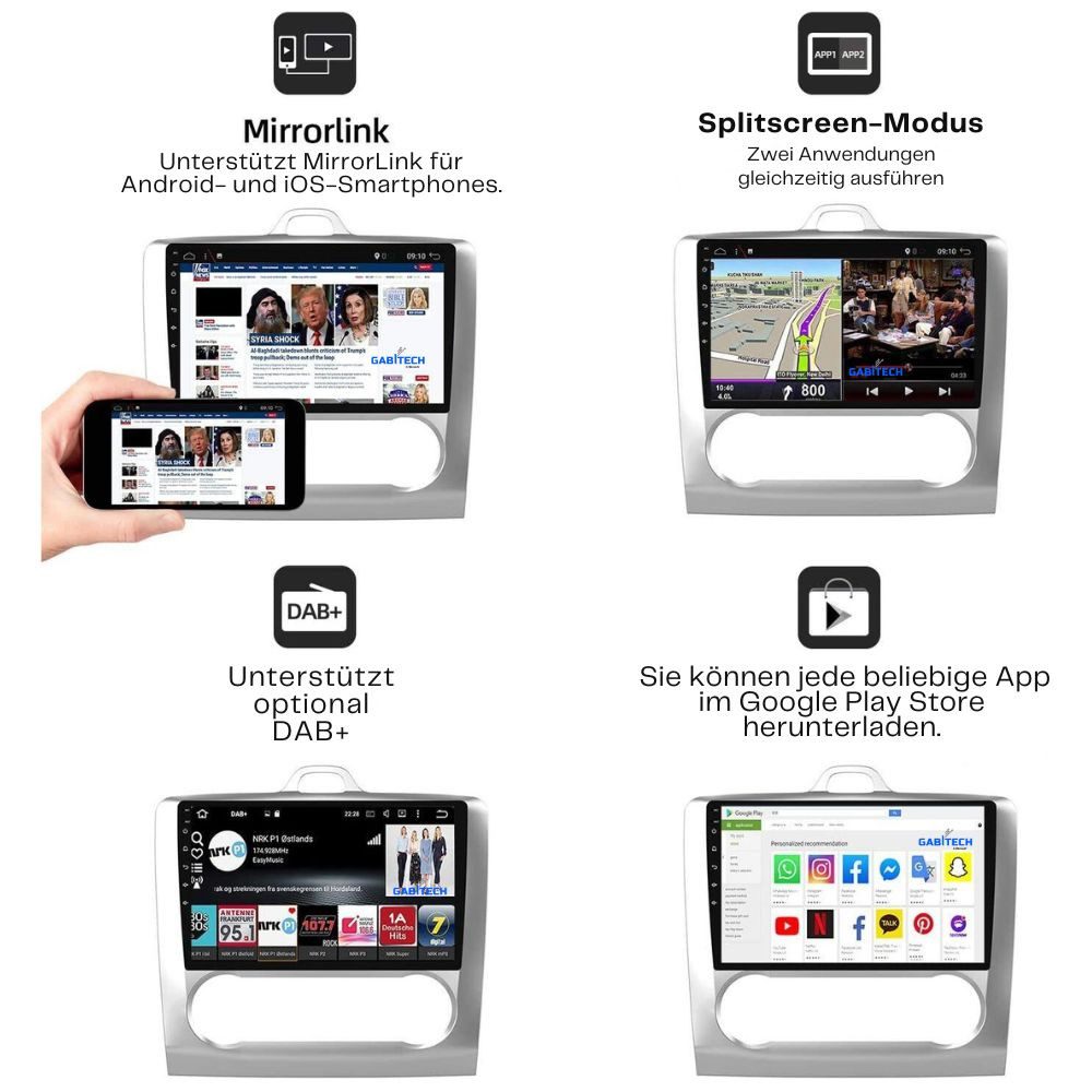 GABITECH 9 zoll Autoradio GPS Navi für Ford Focus 2 MK2 MK3 Exi AT 4GB RAM Autoradio (Drahtloses Carplay & AndroidAuto,3D Navi, 4GB RAM; 64GB ROM,WiFi,DAB)