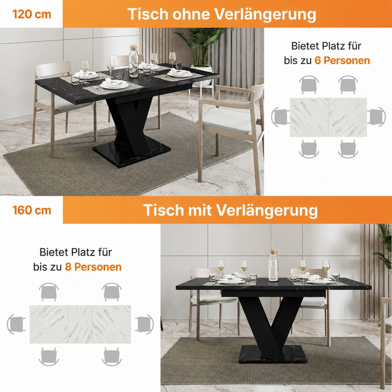 Home Collective Esstisch ausziehbar Tisch Küchentisch Esszimmertisch Ausziehtisch (Esszimmer Küche Wohnzimmer Esstisch erweiterbar), modernes Design mit V-Geste – Bild 4 von 5
