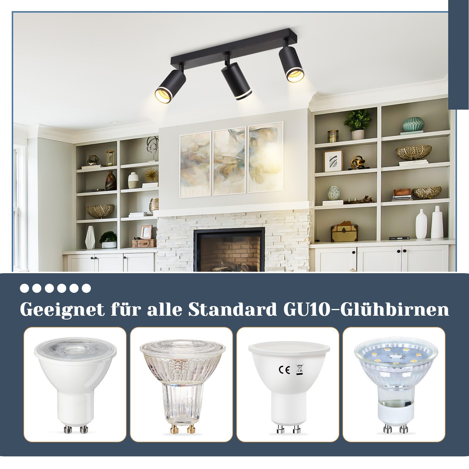 ZMH Deckenstrahler 3 Flammig Schwarz/Weiß Deckenleuchte Schwenkbar 355° Schlafzimmer, Einfach zu installieren, ohne Leuchtmittel, Drehbar Modern Flurlampe für Wohnzimmer Küche