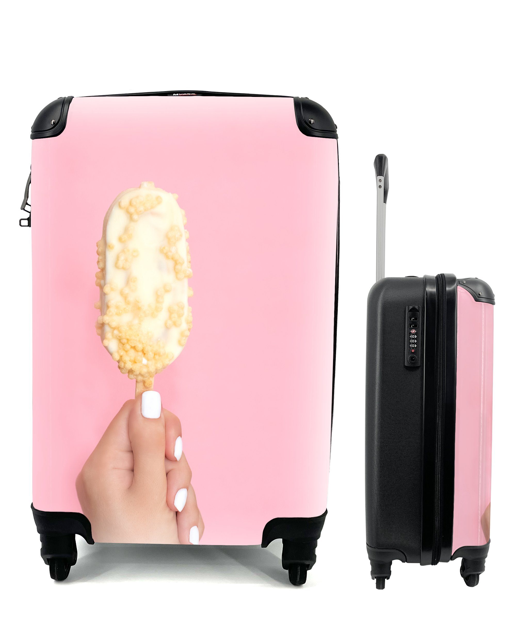 MuchoWow Handgepäckkoffer Eiscreme auf pastellrosa Hintergrund, 4 Rollen, Reisetasche mit rollen, Handgepäck für Ferien, Trolley, Reisekoffer