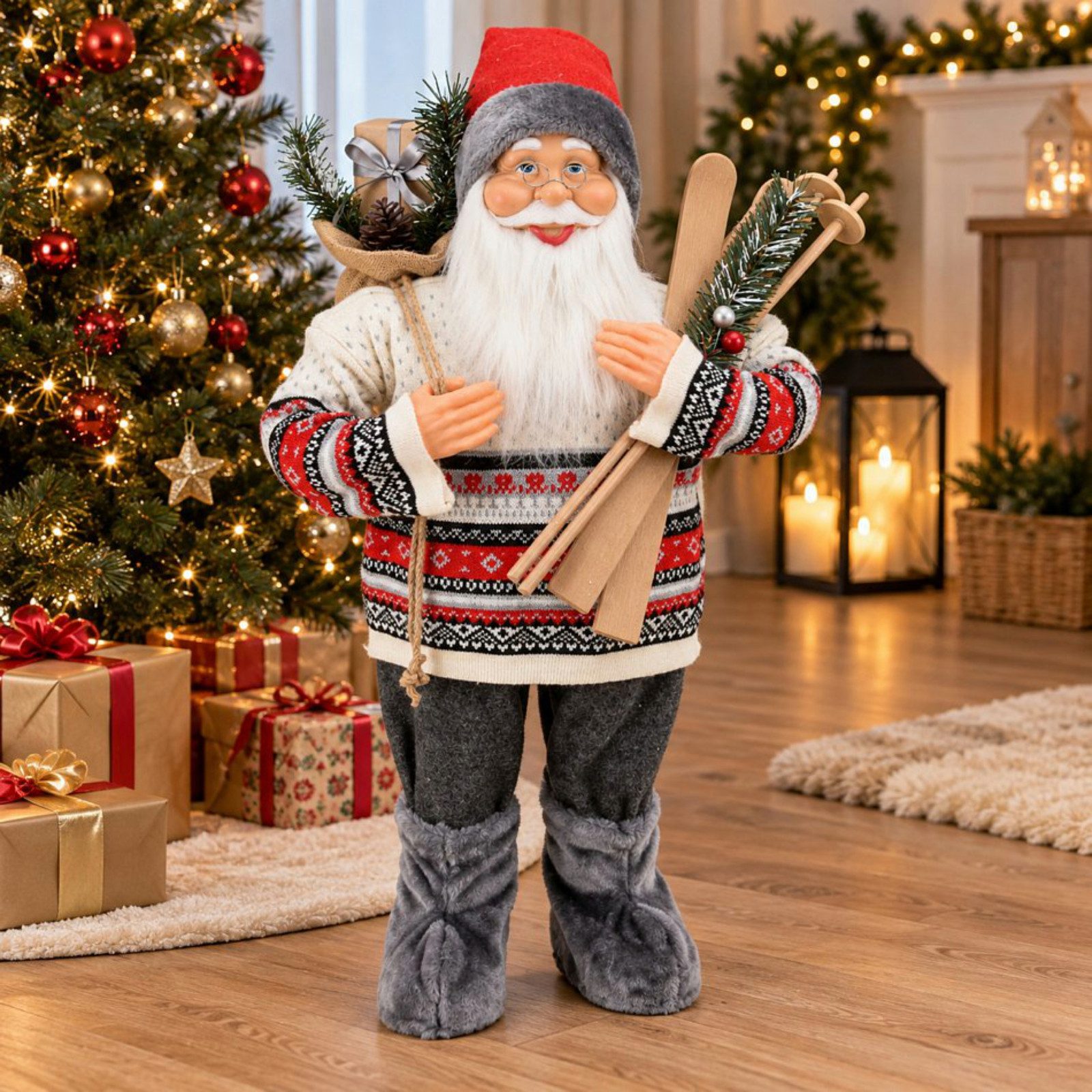 Koopman Weihnachtsmann Weihnachtsfigur Weihnachten XXL 80cm Grau / Weiß (Stück, 1 St., Packung), 80x40x28cm, Geschenkebeutel, Detailreich, Skier, Kunststoff