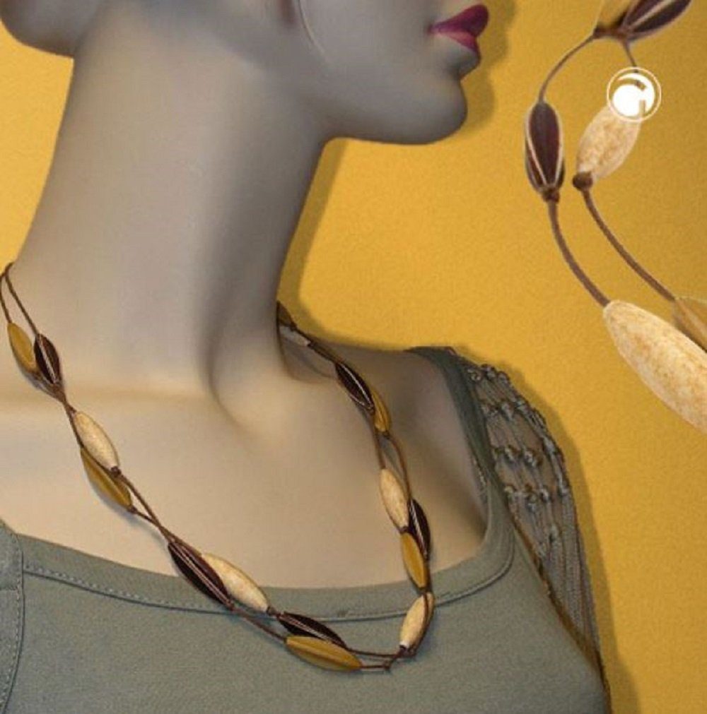 unbespielt Collier Kette Rillenoliven Kunststoff erdige Farben Kordel doppelreihig 60 cm, Modeschmuck für Damen