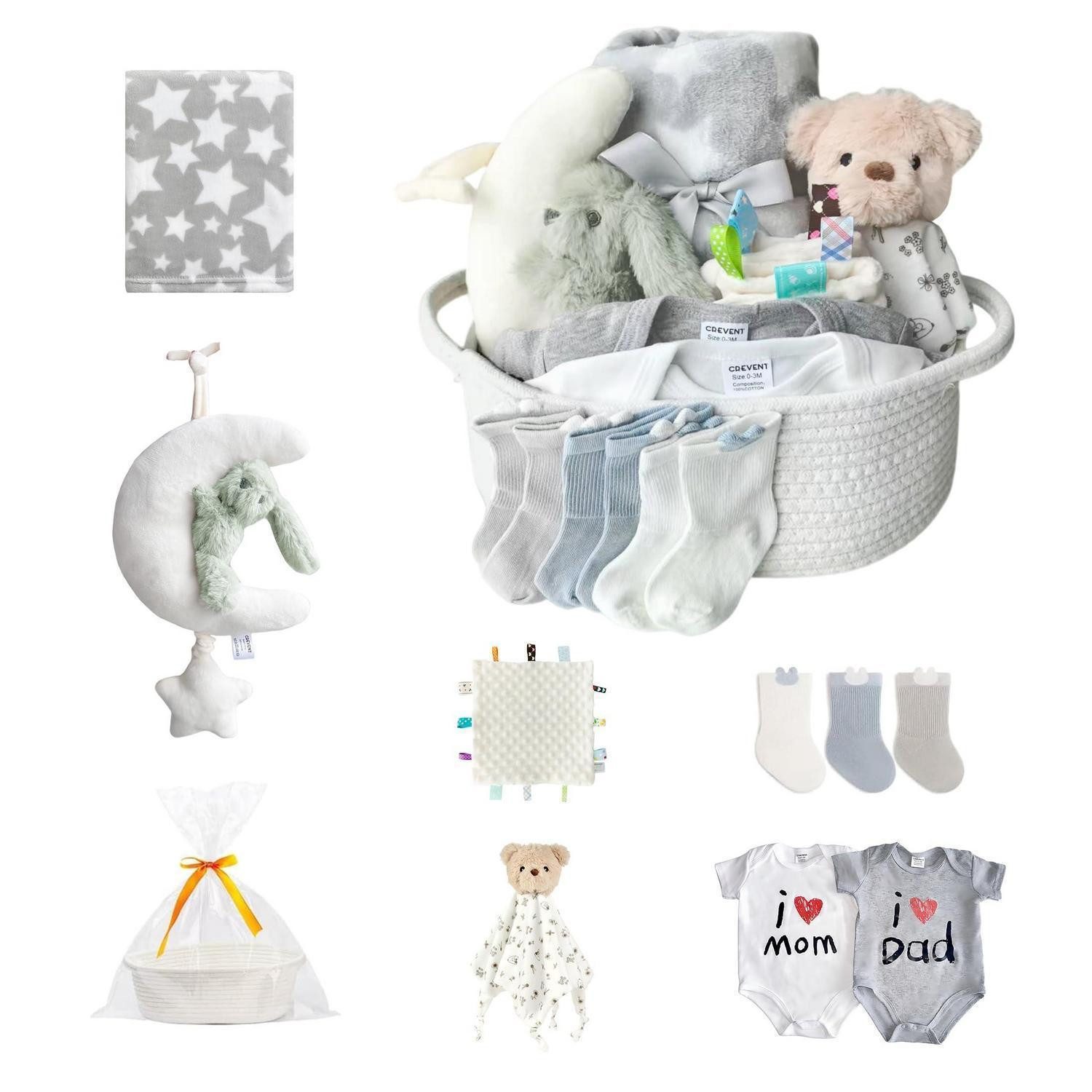 LuxusKollektion Geschenkbox Geschenkset Baby Korb Decke Kuscheltier Söckchen Bodys Mobile