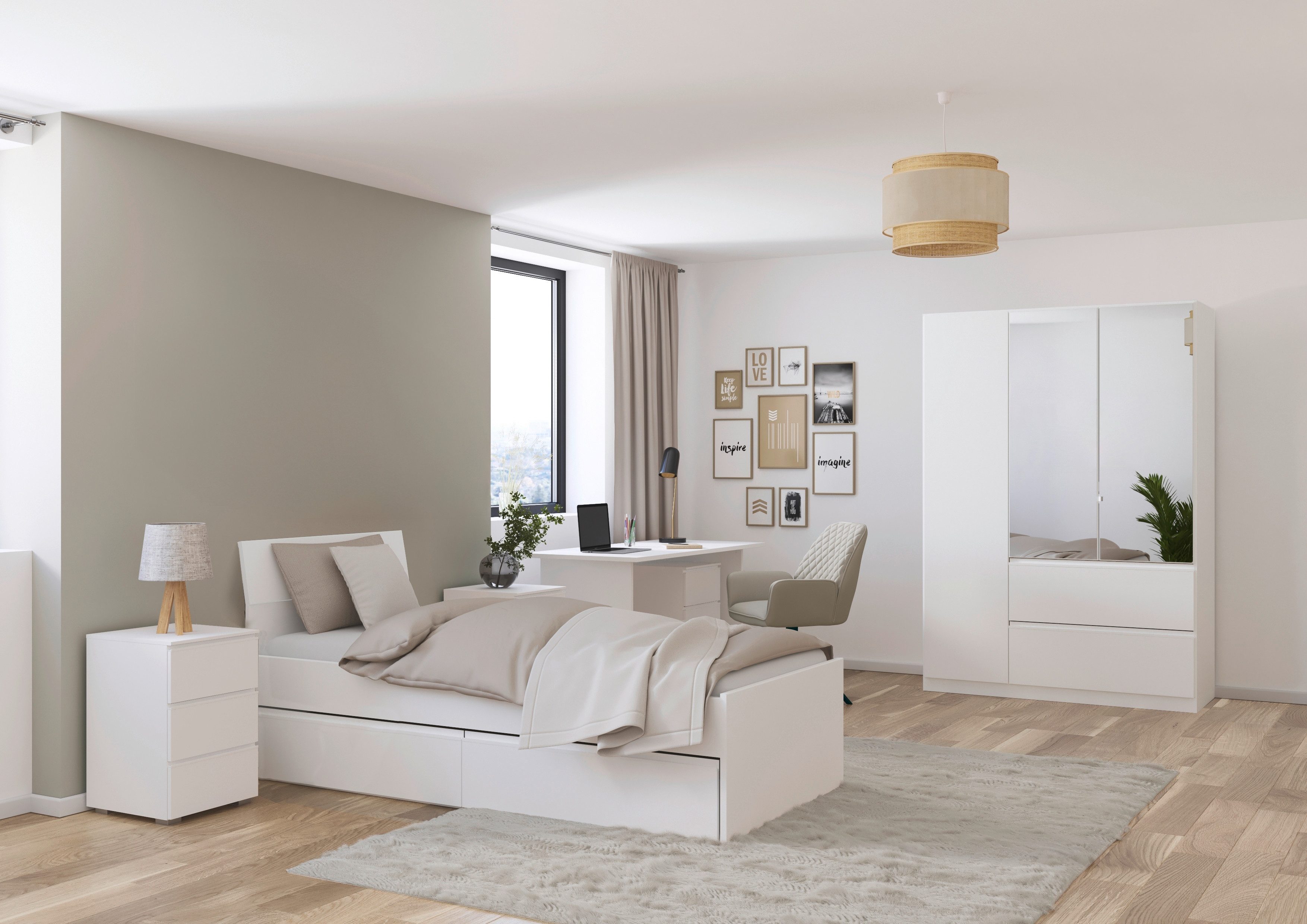 rauch Jugendzimmer-Set Komplettzimmer Schlafzimmer-Set (5-St) Jugendzimmer-Set JOEL, (Set, 5-tlg., Bett 90x200 oder 140x200 cm, Ausstattungspakete BASIC/CLASSIC/PREMIUM), Bett 2 Breiten,Nachttisch,Tisch,Rollcontainer,Schrank MADE IN GERMANY