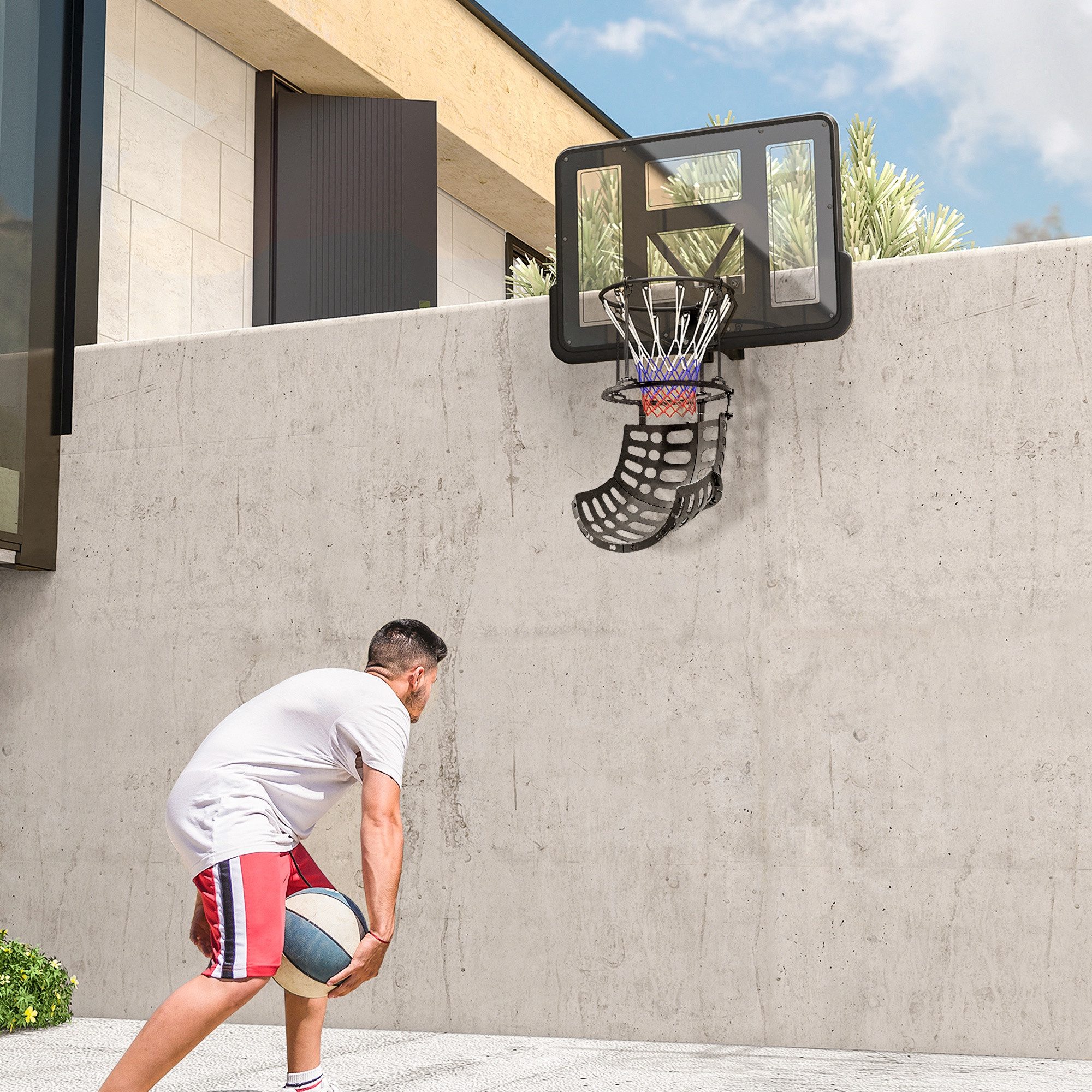 SPORTNOW Basketballkorb 360° drehbarer Rücklaufaufsatz (Basketball-Rücklaufaufsatz, 1-St., Basketball-Rebounder), mit Rückprallrampe, Indoor-Outdoor, Schwarz