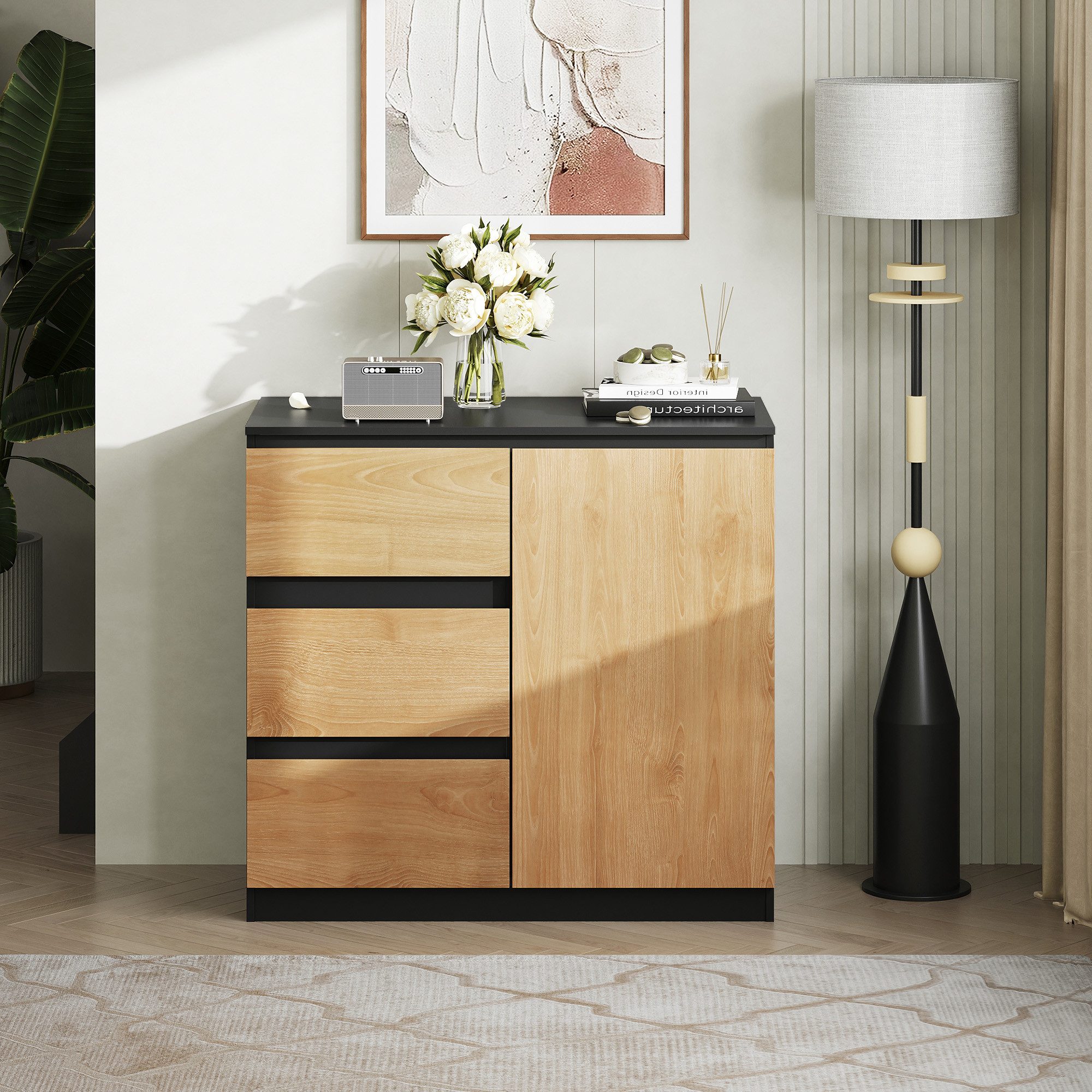 WLIVE Sideboard Kommode, Breite 80 cm, Sideboard mit 3 Schubladen & 1 Tür, (Packung, leise Schienen, viel Stauraum), Soft-Close-Funktion, Anrichte für Wohnzimmer & Flur, Schwarz+Eiche