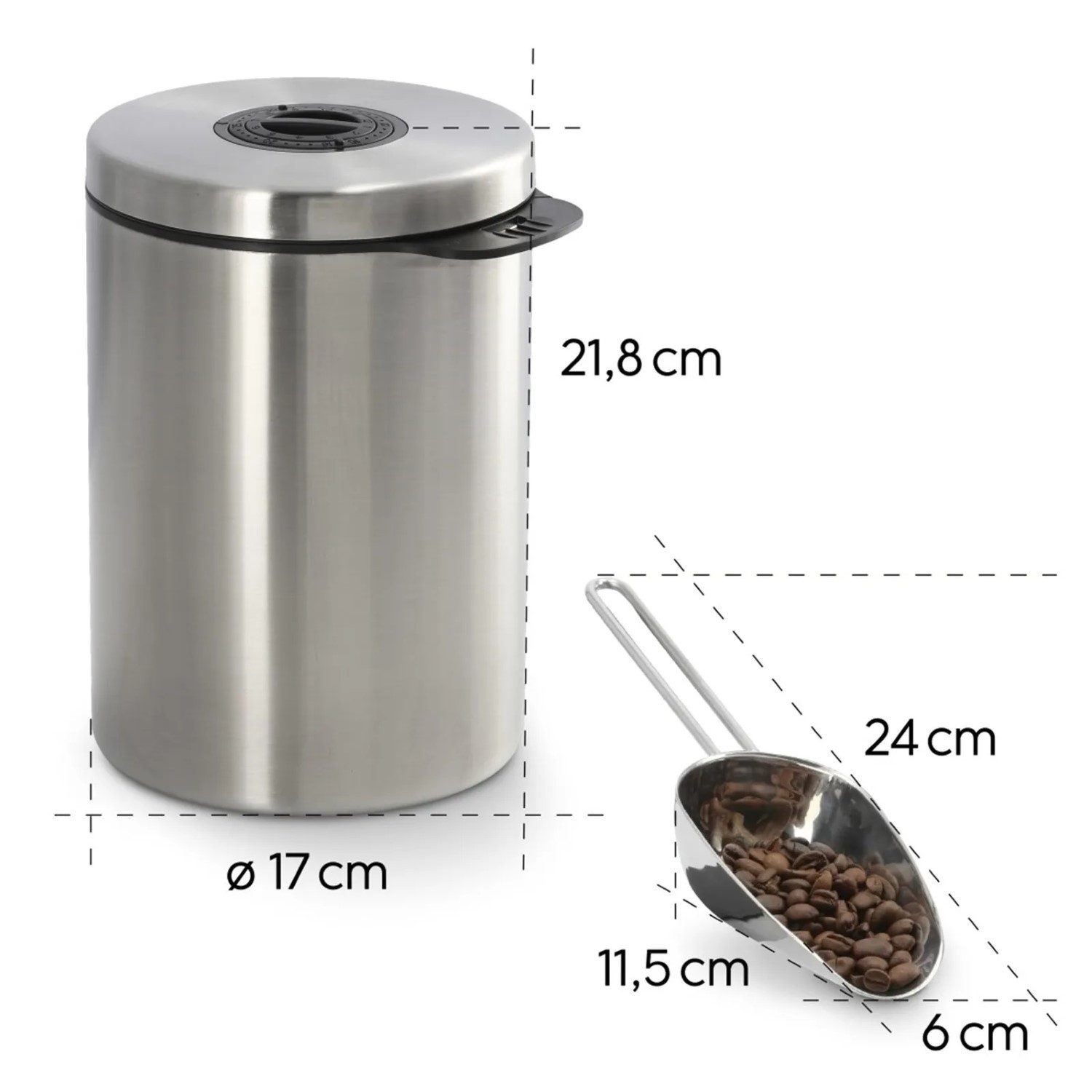 Xavax Kaffeedose Kaffeedose Edelstahl Luftdicht + Dosierlöffel, Edelstahl, (1-tlg), 1kg Vorratsdose Behälter Dose Kaffeebohnen Kaffeepulver Lebensmittel – Bild 4 von 5