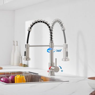 AuraLum pro Küchenarmatur Hochdruck Ausziehbare Küchenarmatur mit Spiralfeder Einhebel 360° Mischbatterie Spültischarmatur