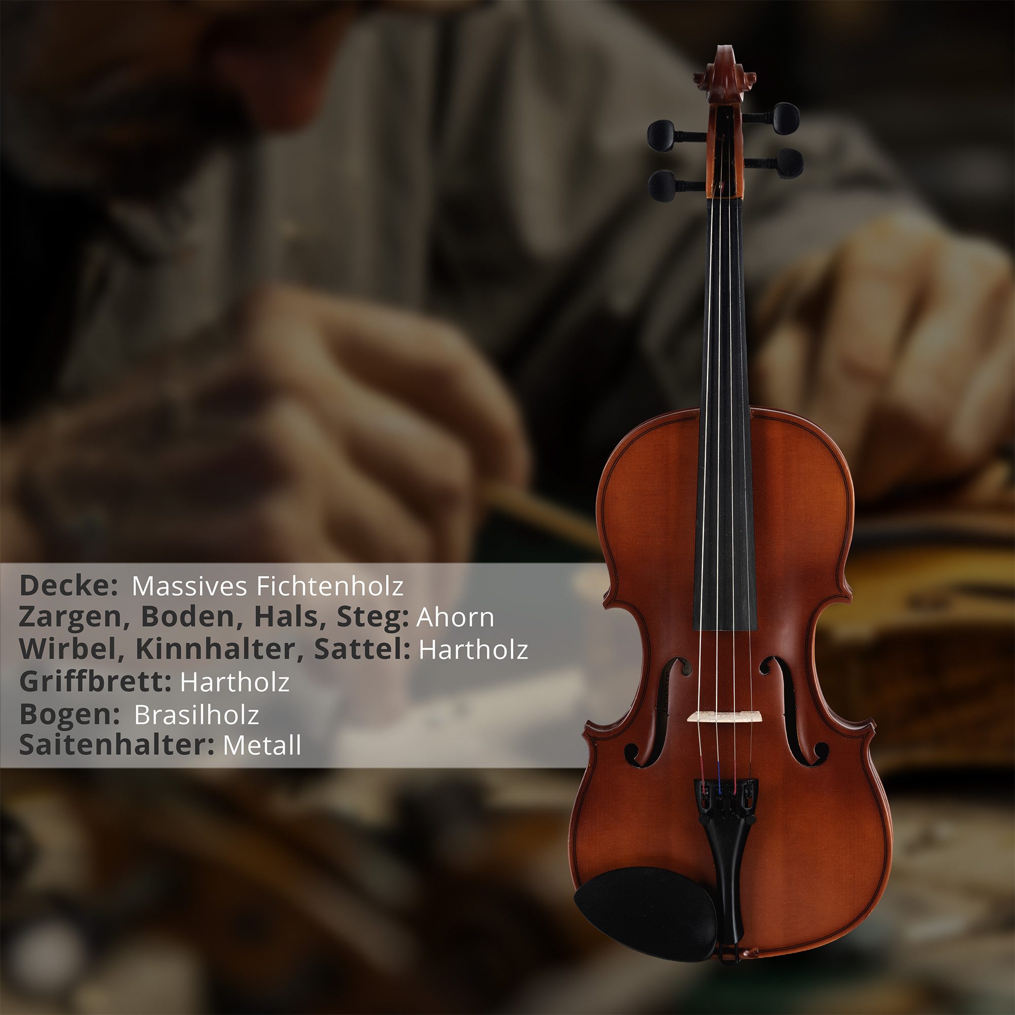 Classic Cantabile Violine Student Violinenset 3/4, Student-Set, Inkl. Etui, Bogen und Kolofonium, Aus massivem Fichtenholz geschnitzte Decke