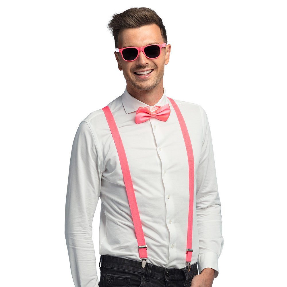 Boland Verkleidungsmaske Partyset Hosenträger, Brille und Fliege, Neon Pin