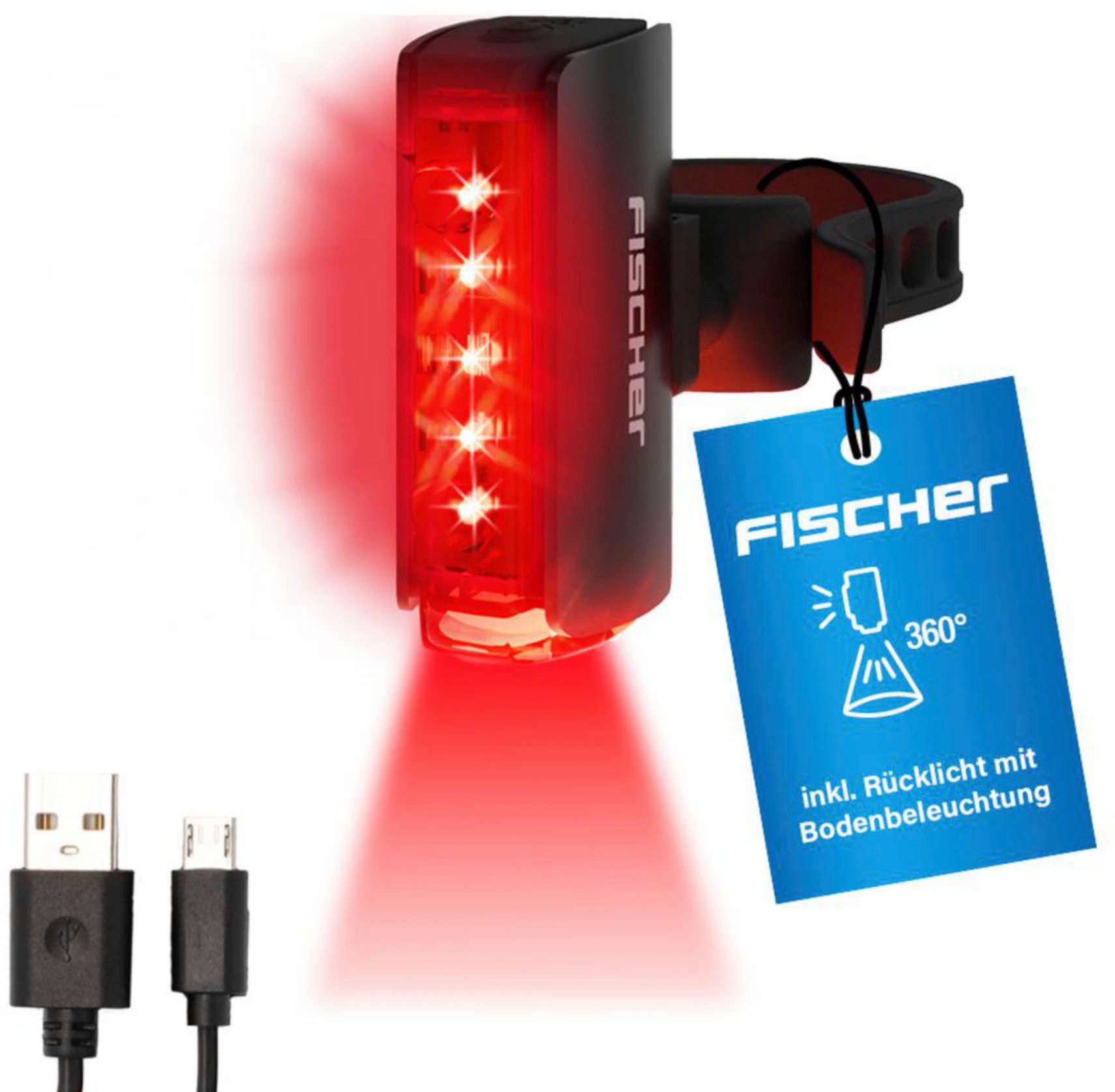 FISCHER Fahrrad Fahrrad-Rücklicht LED-Akku Rücklicht TWIN STOP mit Bodenbeleucht. und Bremslichtfunktion