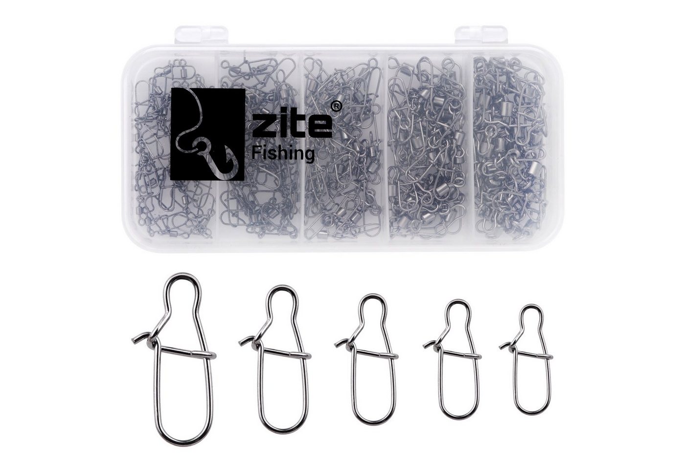Zite Angelwirbel Karabiner-Snaps Set - Vorfach Wirbel Angeln 5 Größen in Box 150 Stück