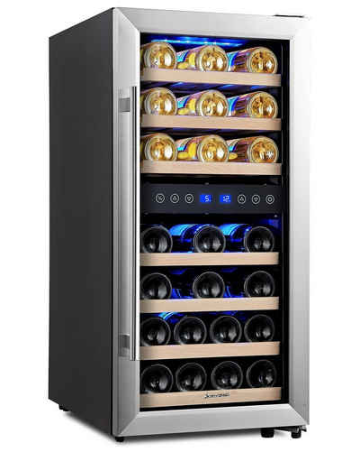 kalamera Weinkühlschrank KRC-33BSS, für 33 Standardflaschen á 0,75l,2 Zonen, 5-10°C/10-18°C, LED-Display, Edelstahl Glastür