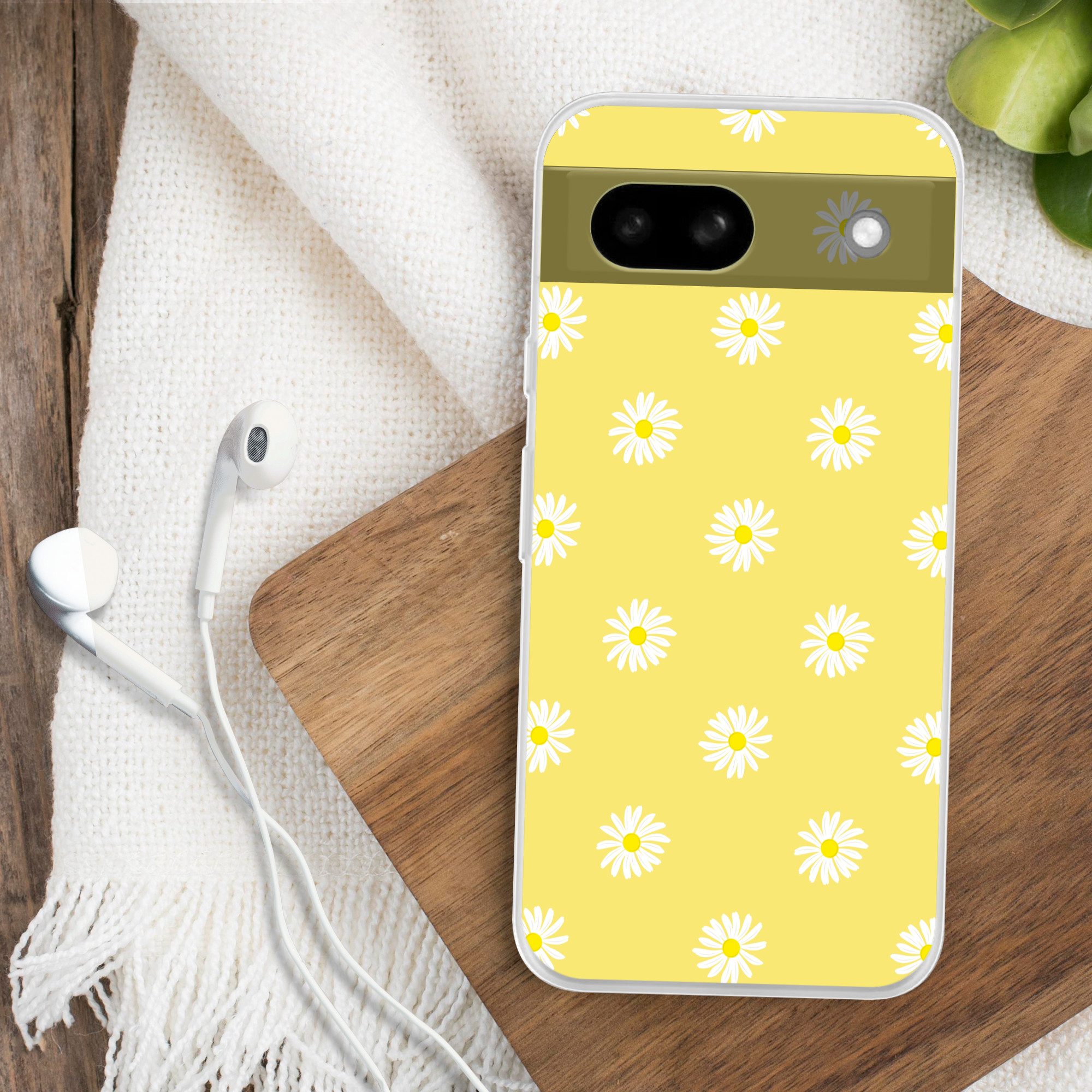 MuchoWow Handyhülle für Google Pixel 8a Gänseblümchen - Pastell - Weiß - Gelb - Blumen, Phone Case, Silikon, Schutzhülle Dünn