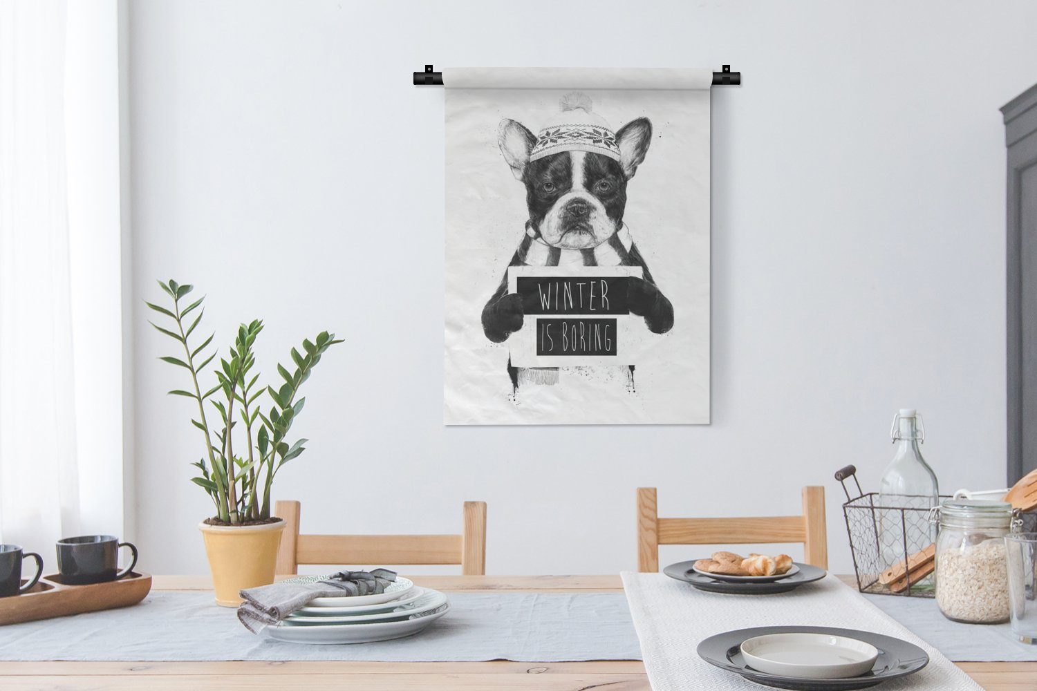 MuchoWow Wanddekoobjekt an Hund - Zitat - Deko Wand, der für Winter Wohnzimmer, - Mütze, Schlafzimmer Tapisserie