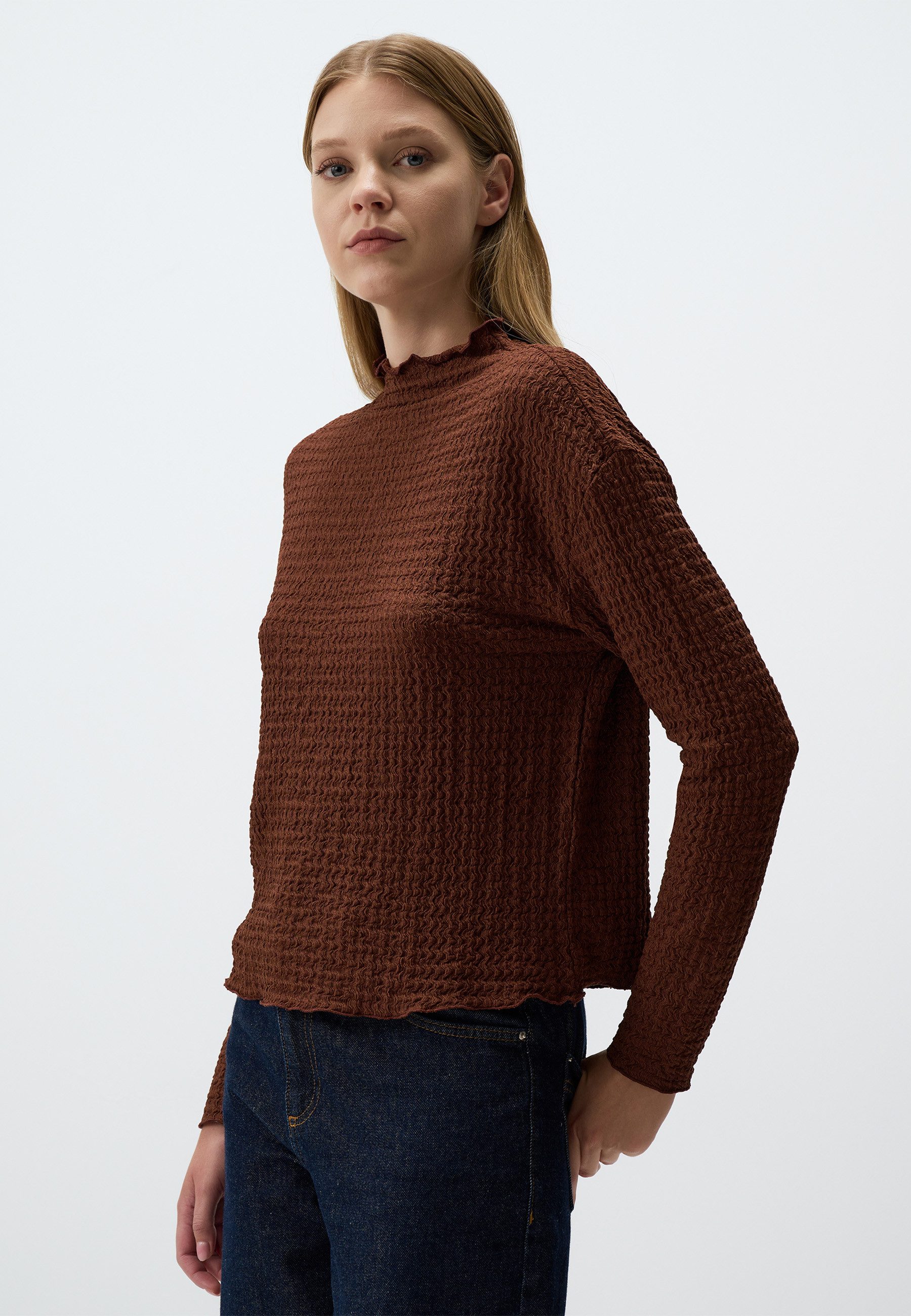 Blusentop Braun Strukturiert Hochgeschlossen Bluse