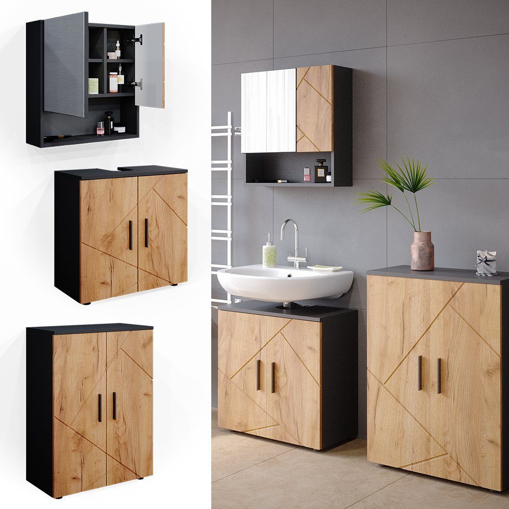 Vicco Badmöbel-Set Irma, Anthrazit/Eiche, 3 Teile, mit Unterschrank 60 cm, günstig online kaufen