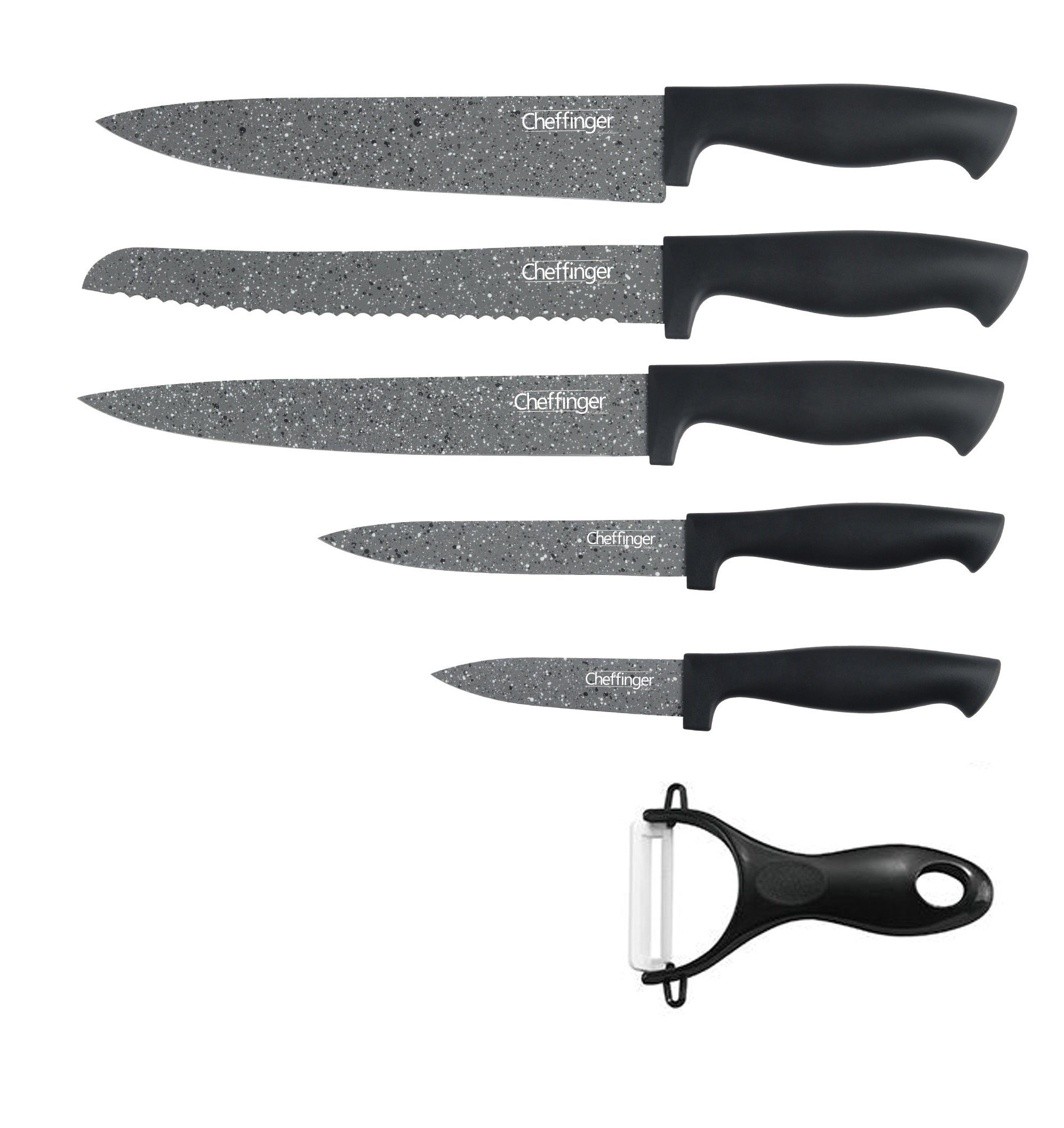 Cheffinger Messer-Set 6 teiliges Messerset (5 Messer & 1 Sparschäler) in Klappbox mit Magnetverschluss scharfe Messerklingen Küchenmesser Chefmesser Pizzamesser grau