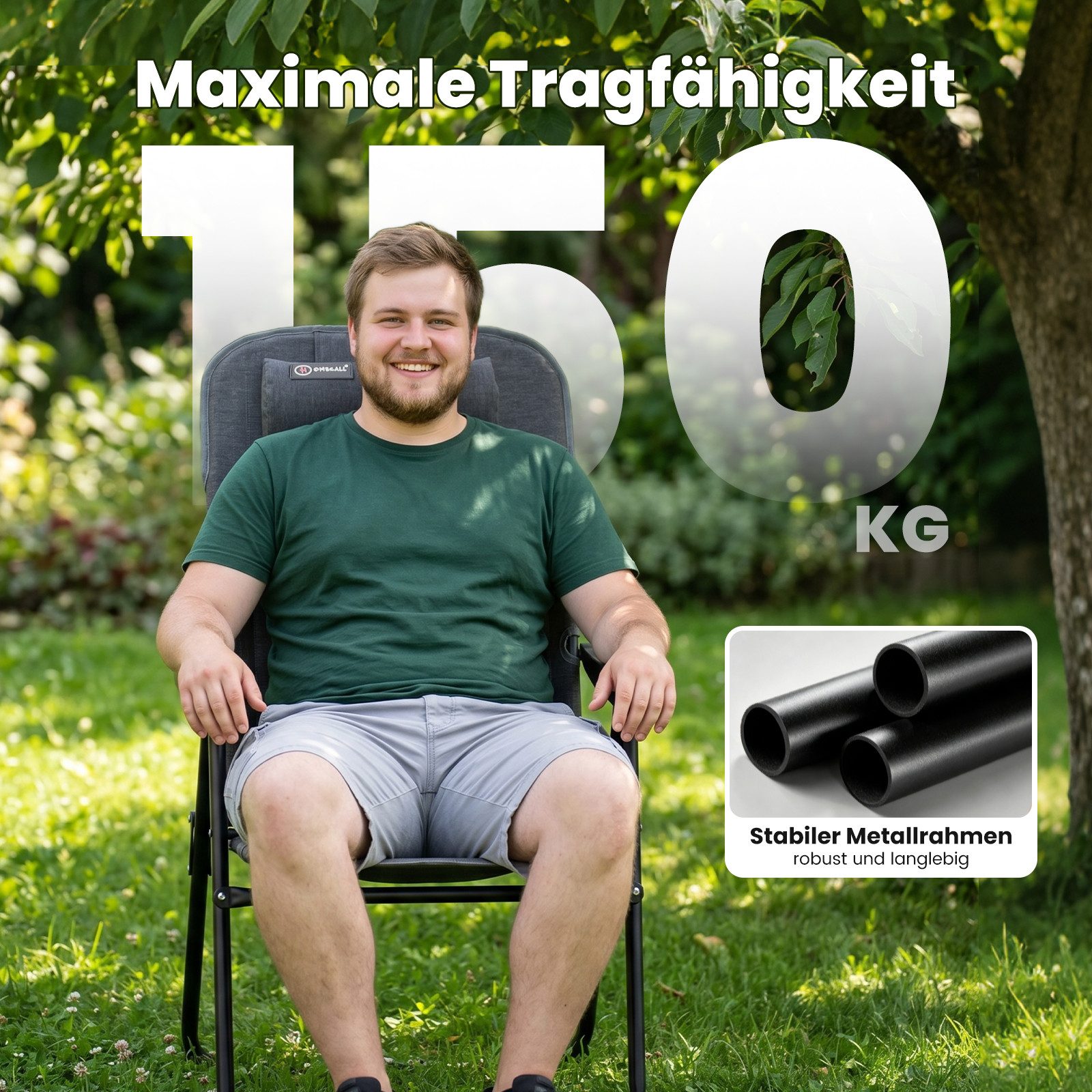 HOMECALL Campingstuhl Gartenstuhl Anglerstuhl Faltsessel Klappstuhl für Wohnwagen Outdoors (UV++ Olefin-Stoff, 1 St), 5 fach Verstellbarer Rückenlehne, Hochlehner, Gepolsterter, bis 150kg