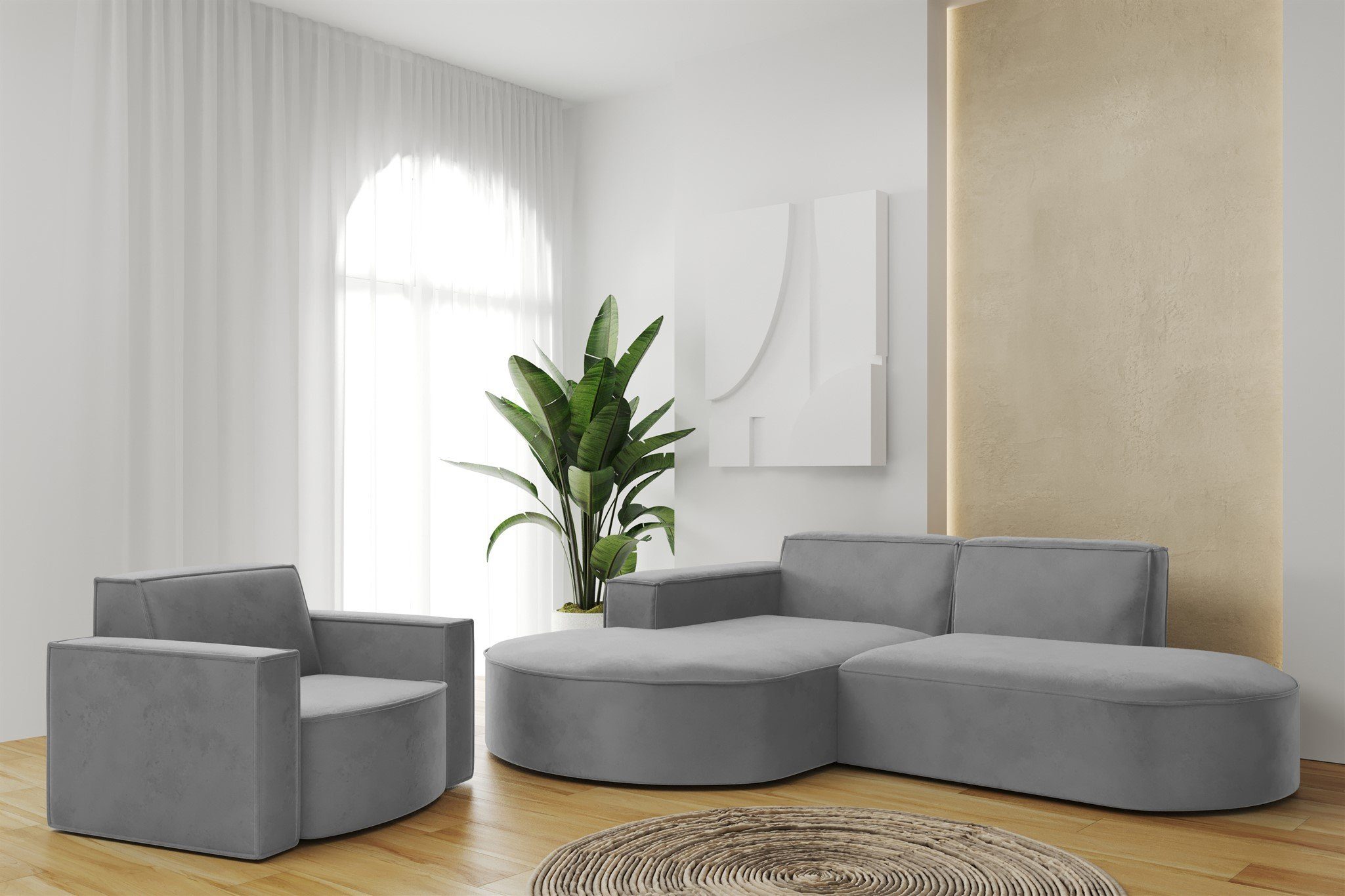 Fun Möbel Polstergarnitur Sofaset Designerecksofa PALMA XS plus Sessel in Stoff Opera Velvet, (Rundumbezug, Ottomane Links oder Rechts)