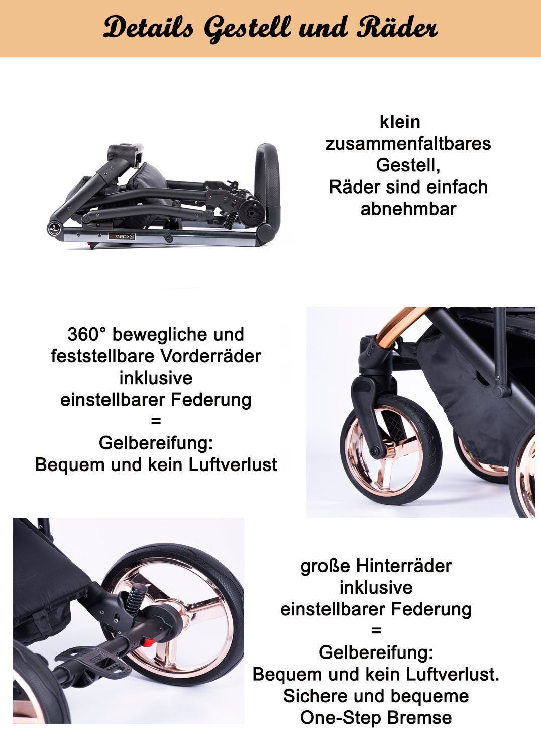 1 in Teile Kombi-Kinderwagen - in Gestell = 2 Designs Kinderwagen-Set 14 Fado - beige Grau 24 babies-on-wheels