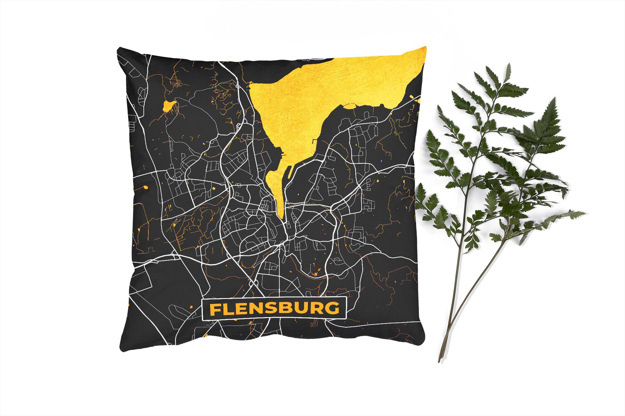 Füllung - Deko, Schlafzimmer, Deutschland, Flensburg Gold Zierkissen Karte Sofakissen Stadtplan MuchoWow mit - - Dekokissen Wohzimmer, - für