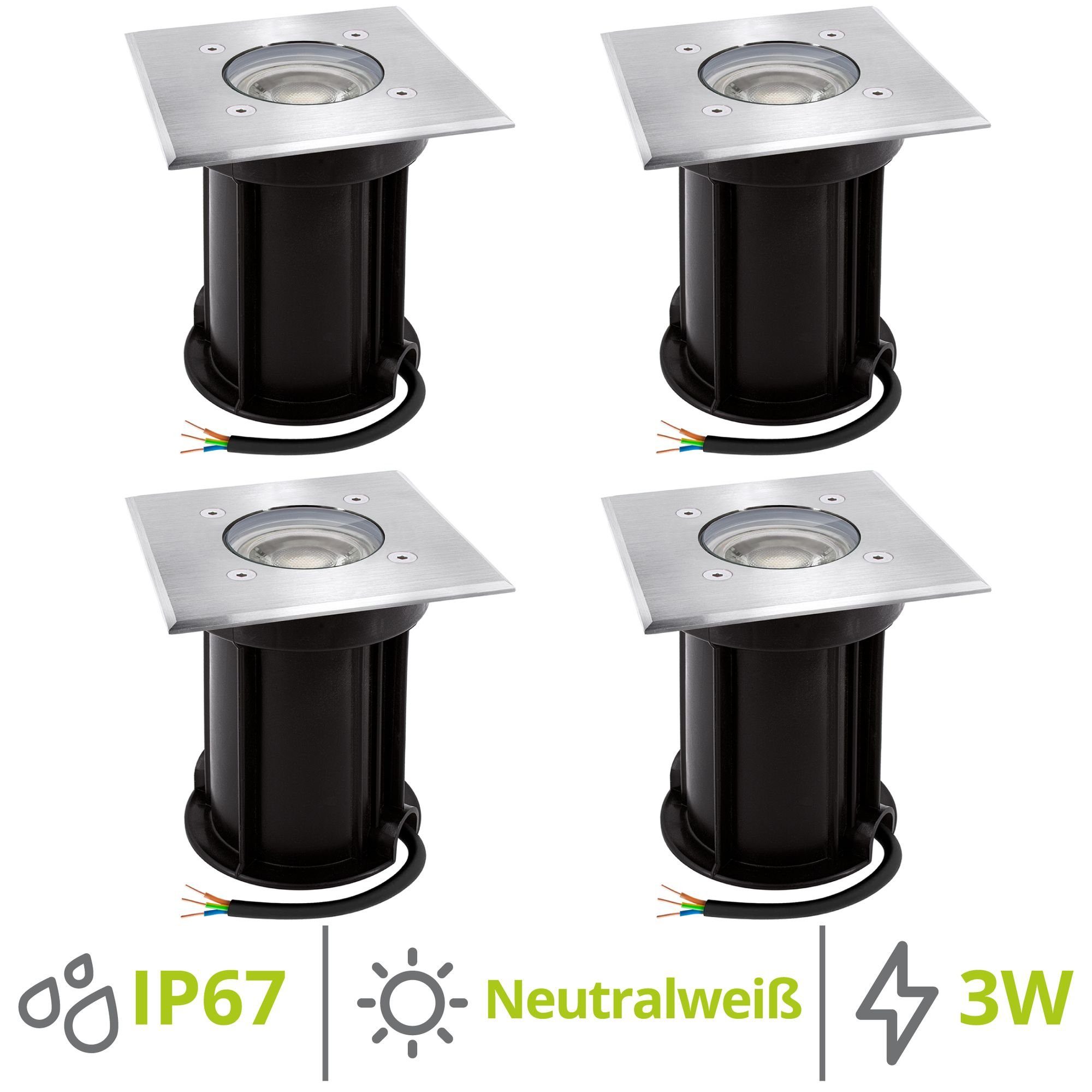 linovum LED Außen-Wandleuchte 4er Set BOQU Bodeneinbaustrahler mit LED GU10 3W neutralweiss, Leuchtmittel inklusive, Leuchtmittel inklusive