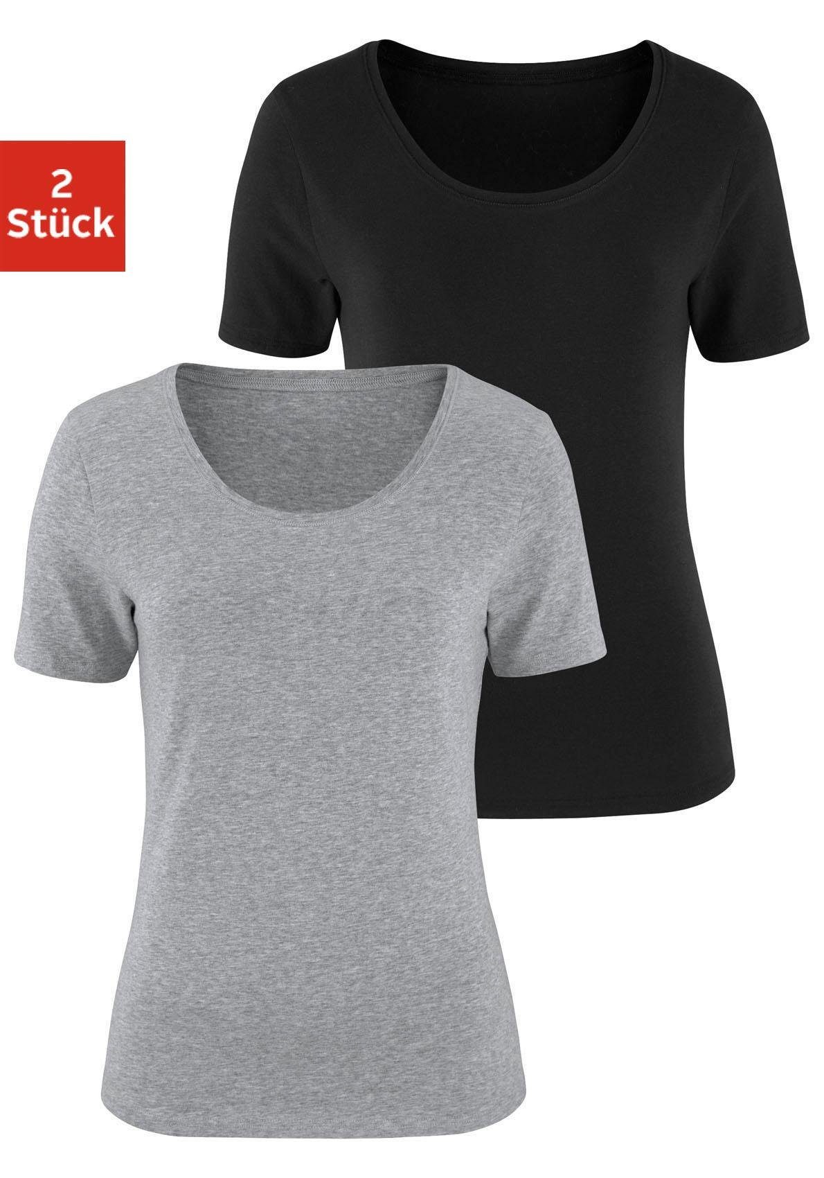 Vivance Kurzarmshirt (2er-Pack) aus elastischer Baumwoll-Qualität grau-meliert, schwarz