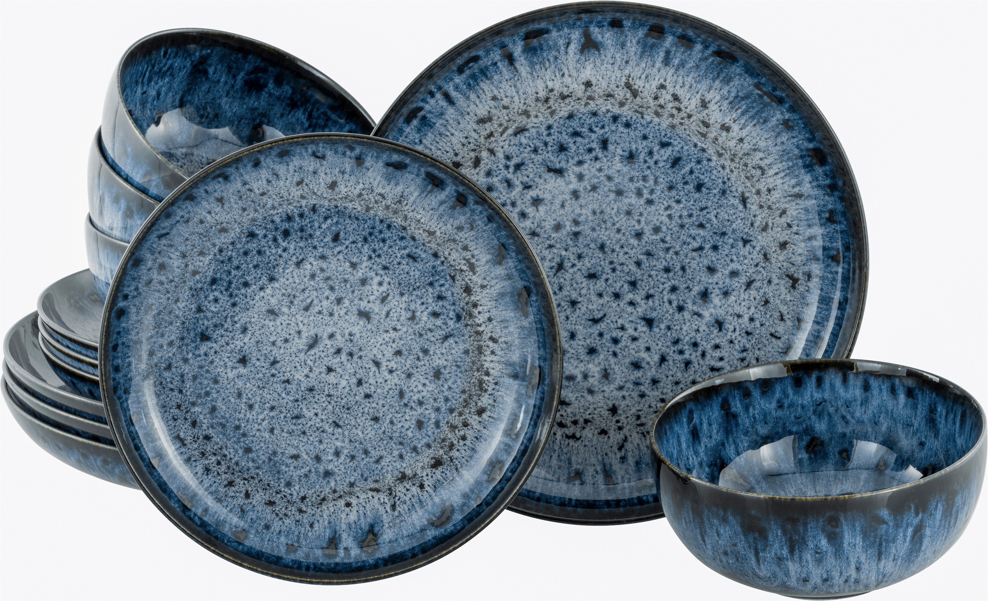 CreaTable Teller-Set Allround Magic Blue, Tellerset, 12-tlg. (12-tlg), 4 Personen, Steinzeug, Moderne Coupeform, Reaktivglasur