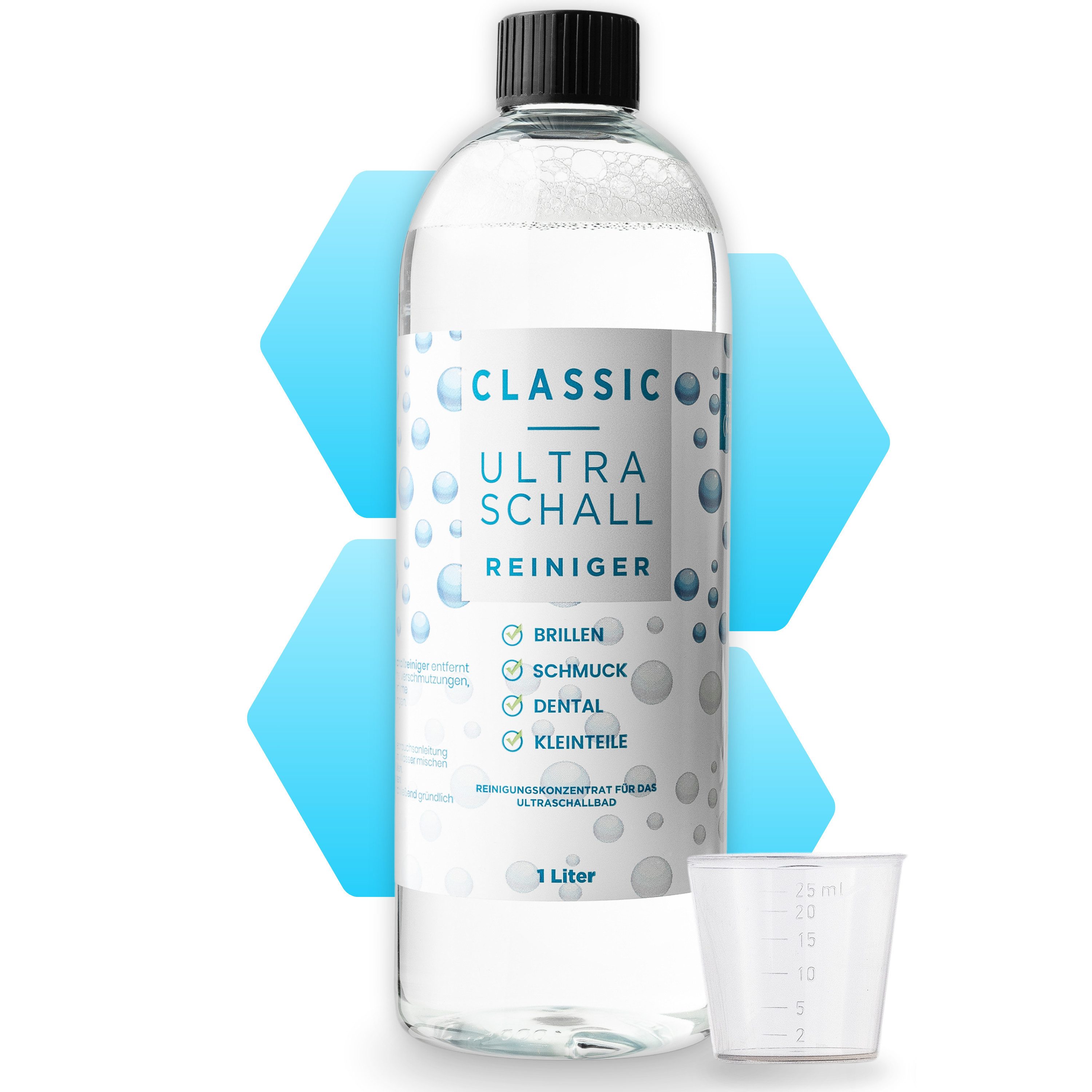 EyeAm Ultraschallreiniger Konzentrat für jedes Ultraschallgerät, Brille & Schmuck, 1x1000 ml, Inkl. Dosierhilfe im Flaschenhals & Messbecher