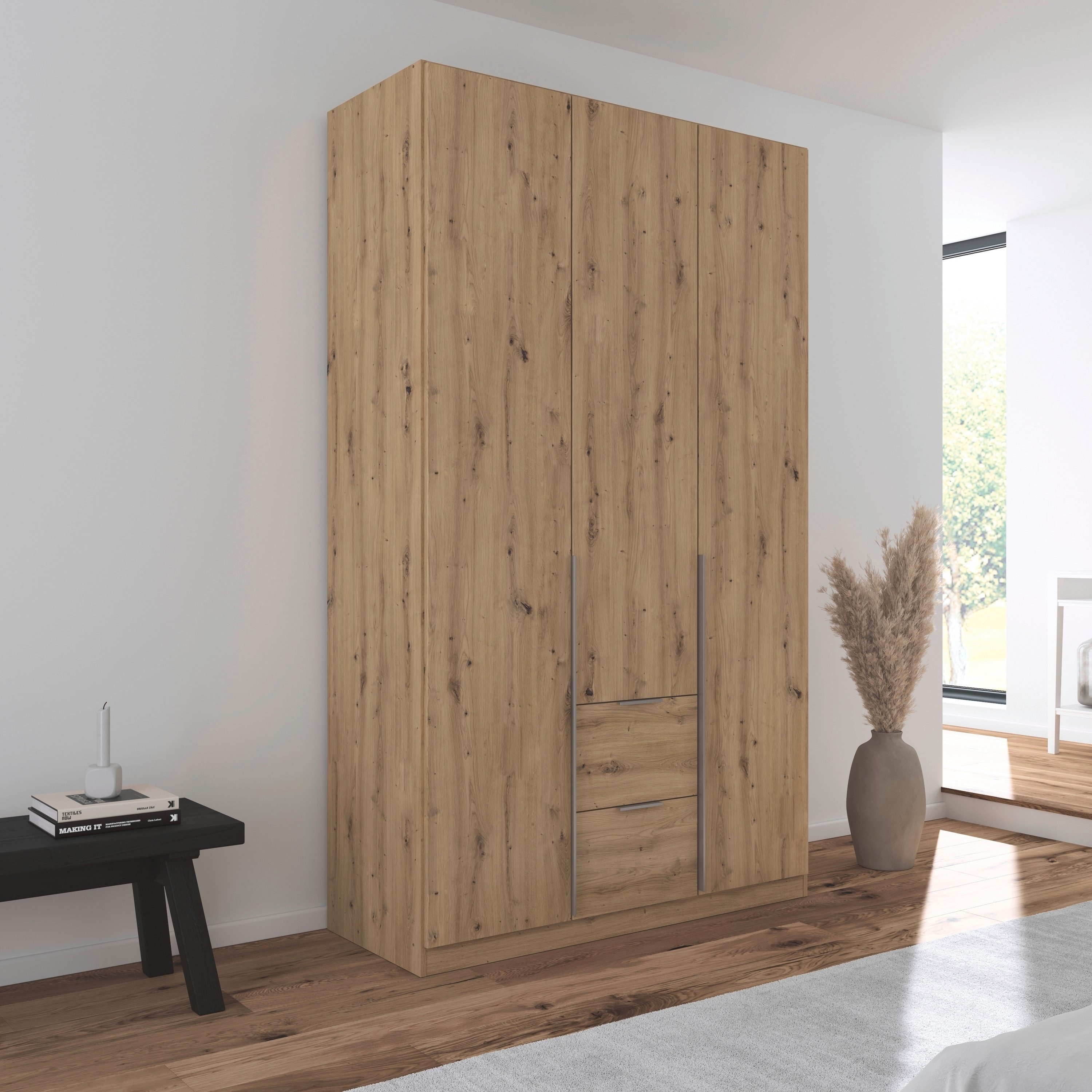 OTTO home Drehtürenschrank Kleiderschrank Schrank Garderobe AGORDO mit Dekor- oder Hochglanzfront (in zwei Griff-Farben, Breite 136 cm) mit Außenschubkästen, Serie in 7 Breiten und 2 Höhen MADE IN GERMANY