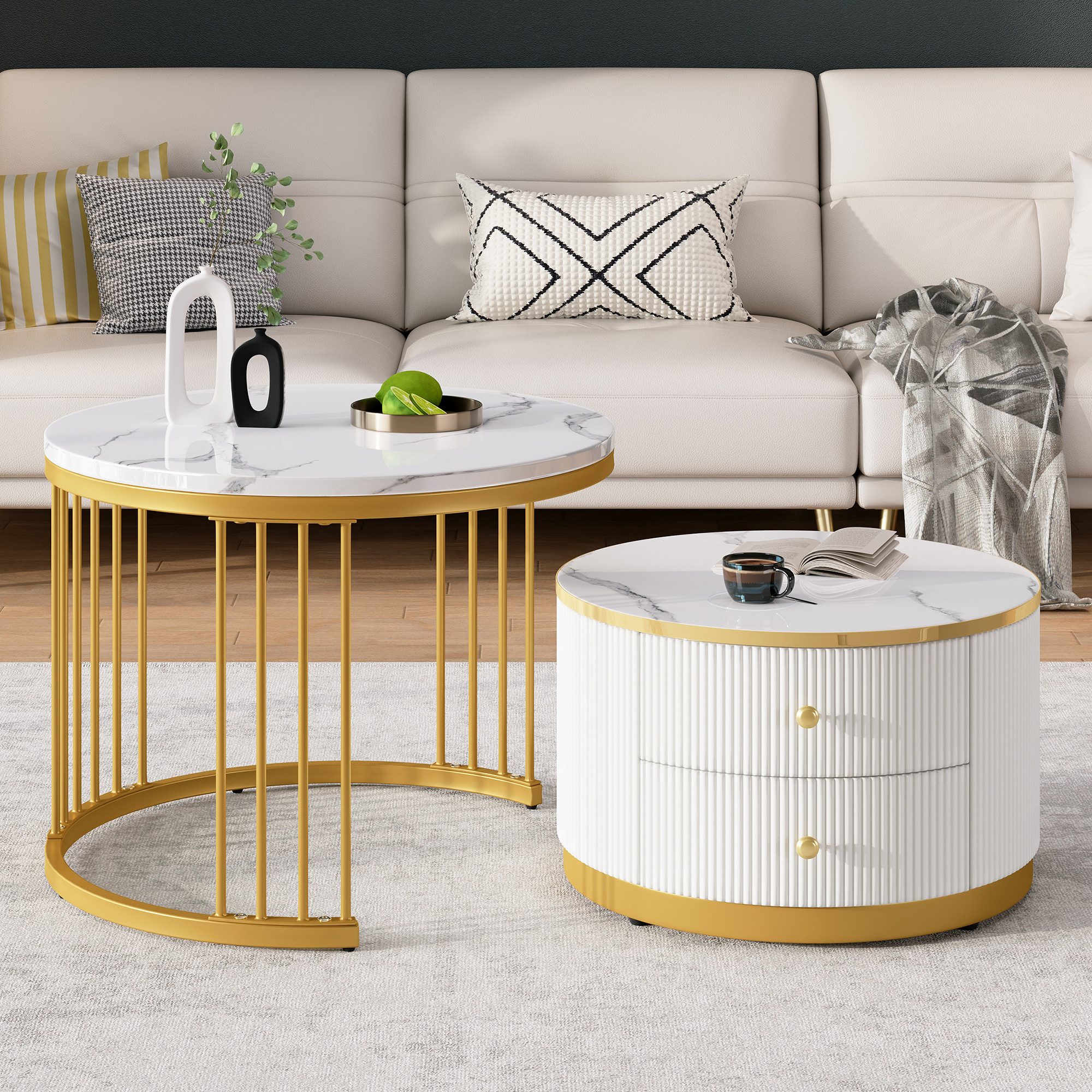 MODFU Couchtisch Couchtisch-Set in Nestform (Sofatisch, Wohnzimmertisch, 2-St., 60*60*45.5+50*50*32 cm), mit 2 Schubladen, hochglänzender Marmoroptik