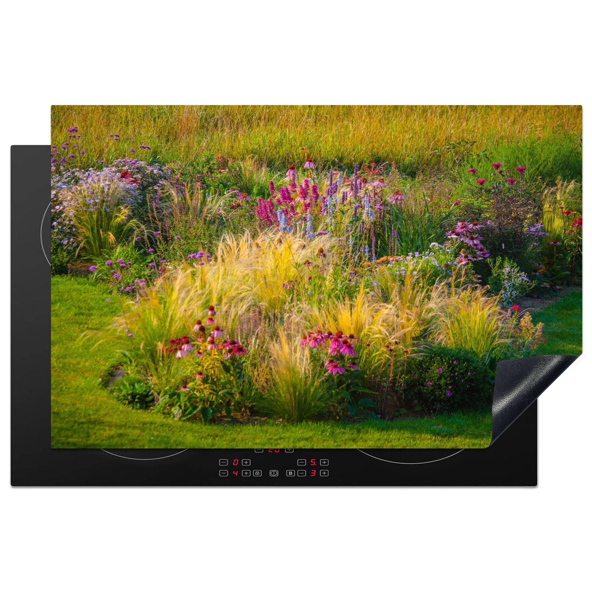 MuchoWow Herdblende-/Abdeckplatte Ziergras mit farbigen Blüten, Vinyl, (1 tlg), 81x52 cm, Induktionskochfeld Schutz für die küche, Ceranfeldabdeckung
