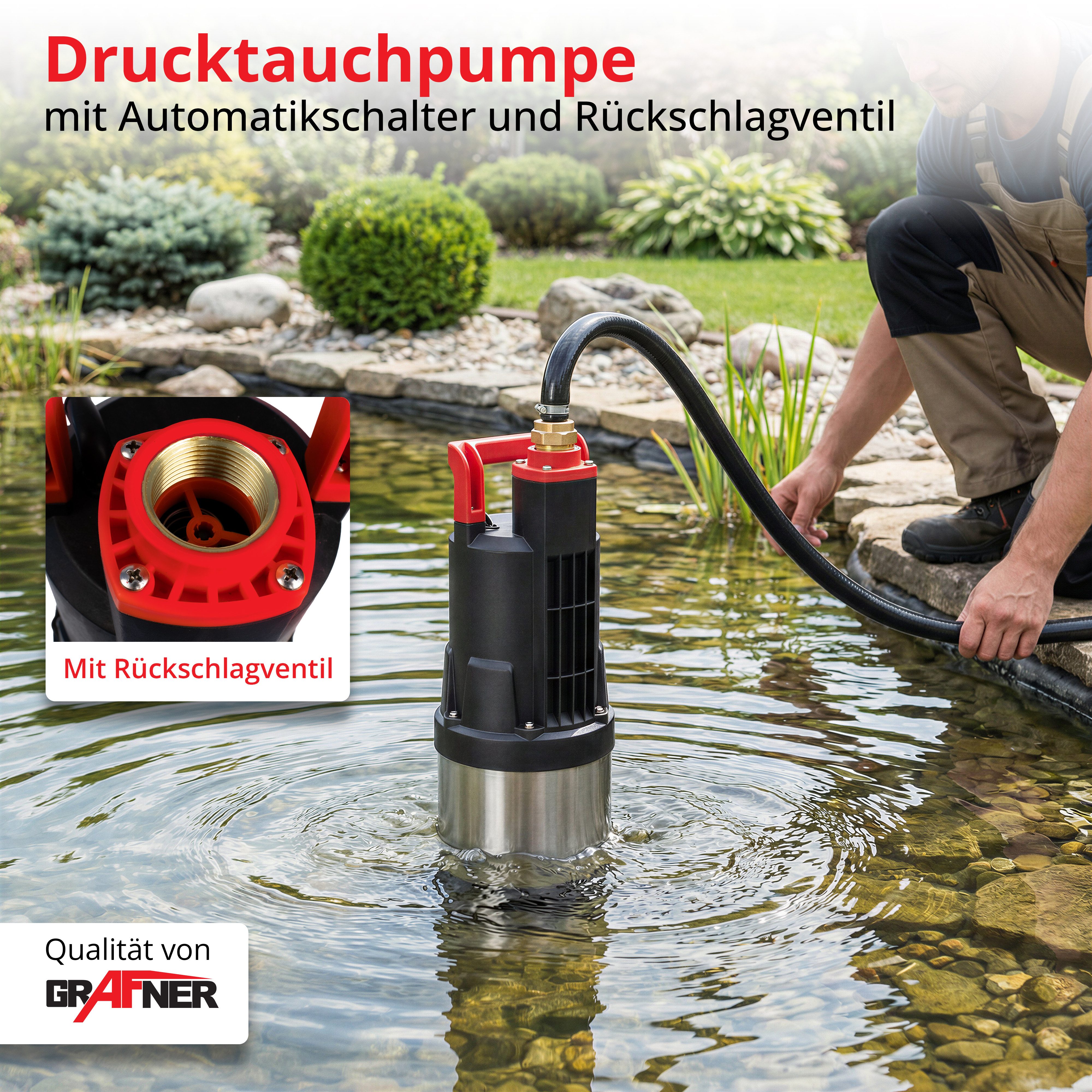 Grafner Tauchpumpe Drucktauchpumpe 1100Watt 6500L/h Schmutzwasserpumpe, entnehmbarer Filterfuß, bis zu 6500 l/h Fördermenge