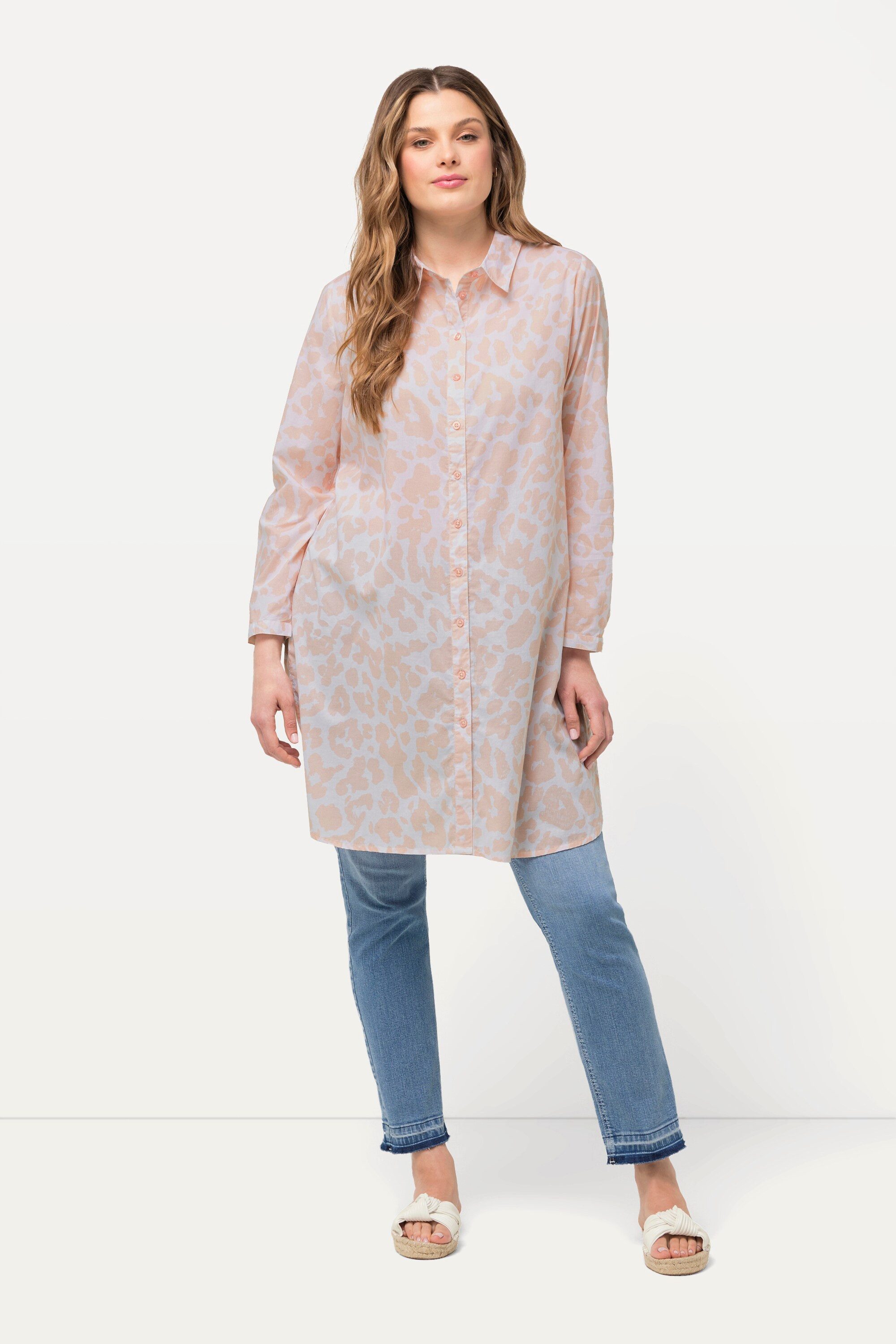 Hemdbluse Longbluse Leomuster A-Linie Hemdkragen Langarm