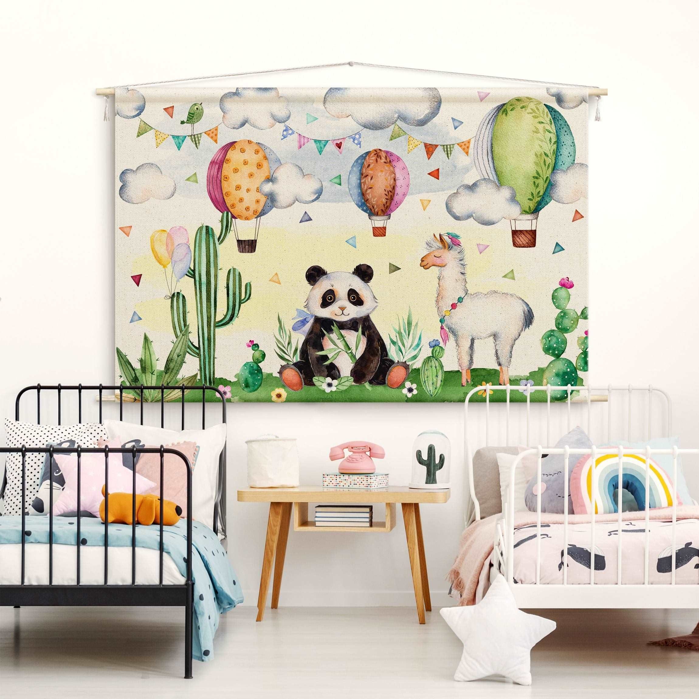 Bilderdepot24 Wandteppich Kinderzimmer modern Aquarell Tiere grün, rechteckig, Höhe: 2.6 mm, großes Wandbild aus Natur-Baumwolle Wandbehang Stoffbild Tuch Wollseil