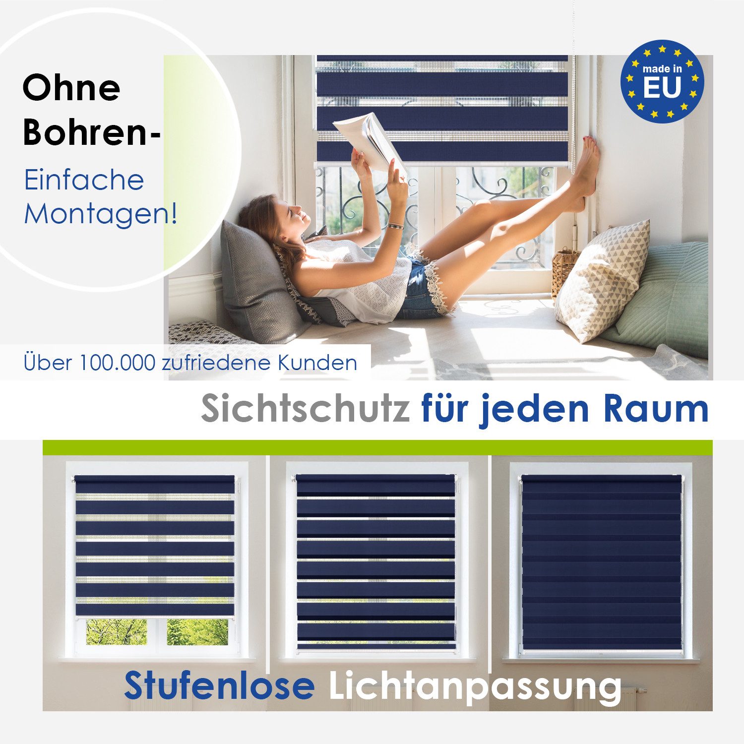 Doppelrollo Klemmfix, ohne Bohren, Sichtschutz, Rikmani, Klemm- oder Schraubmontage, Moderne Optik, Klemm- oder Schraubmontage, Sicht- und Sonnenschutz