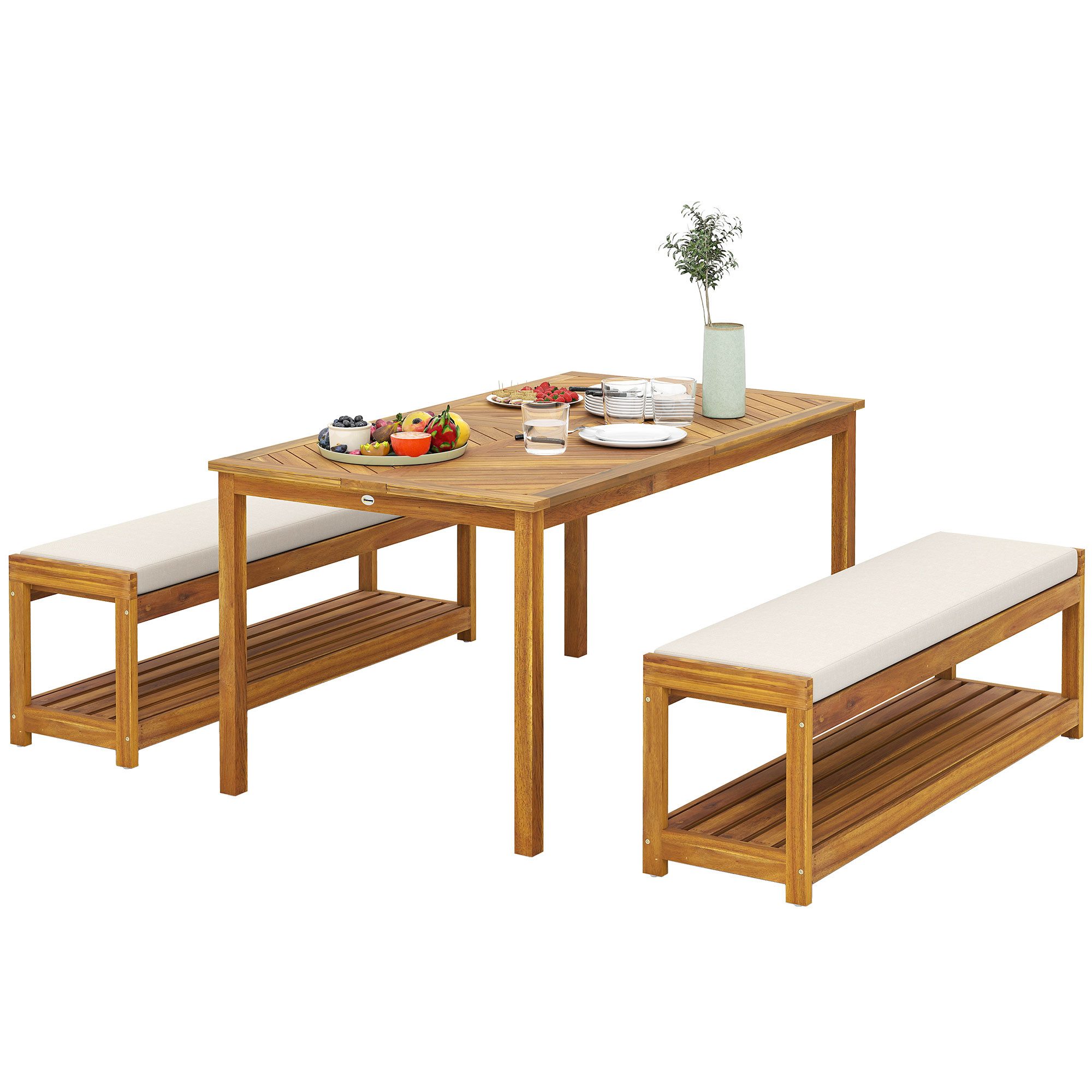 MC Star Gartenlounge-Set 3 tlg. Gartenmöbel-Set, Sitzgarnitur inkl. 1 Esstisch, (mit Schirmloch, 2 Bänke 150 x 85 x 75 cm Teak)