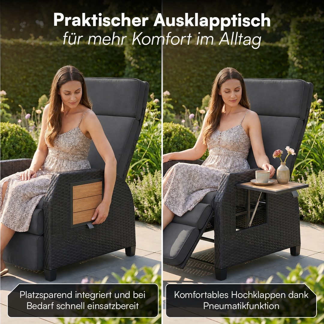 STEELSØN Gartensessel Caelum Gartensessel mit Liegefunktion, mit Ausklapptisch (Schwarz/Akazie, 1-St), Rattan Liegesessel, ausklappbarer Tisch