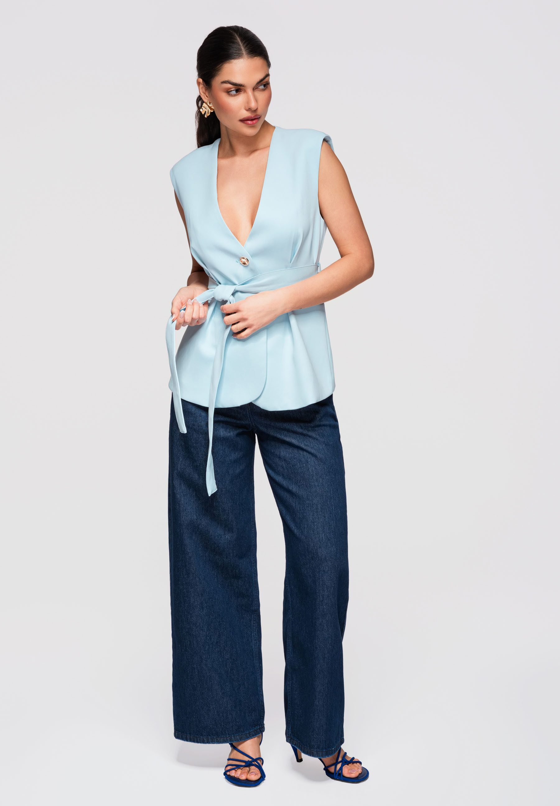 OMBRE Longweste Damen Taillierte Weste mit ausgestelltem Saum Elegant Blau S (kein Set, 1-tlg) Taillierter Schnitt mit ausgestelltem Saum, Gürtel
