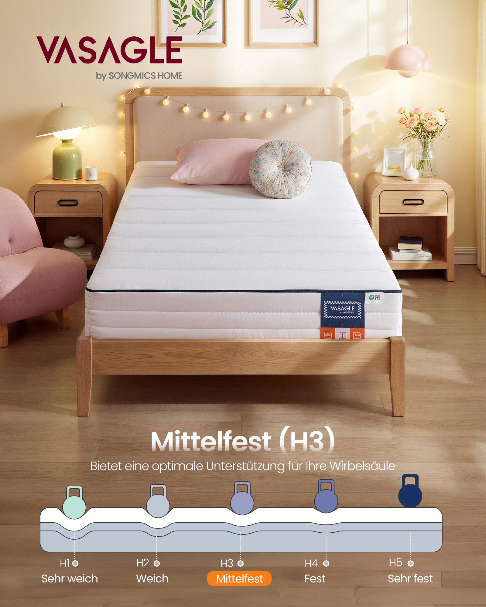 Kaltschaummatratze Matratze aus Gel-Memory-Schaumstoff, 7-Zonen-Unterstützung, H3, VASAGLE, 16 cm hoch, 90 x 200 cm, abnehmbarer, atmungsaktiv, Matratze, kühlen – Bild 2 von 5