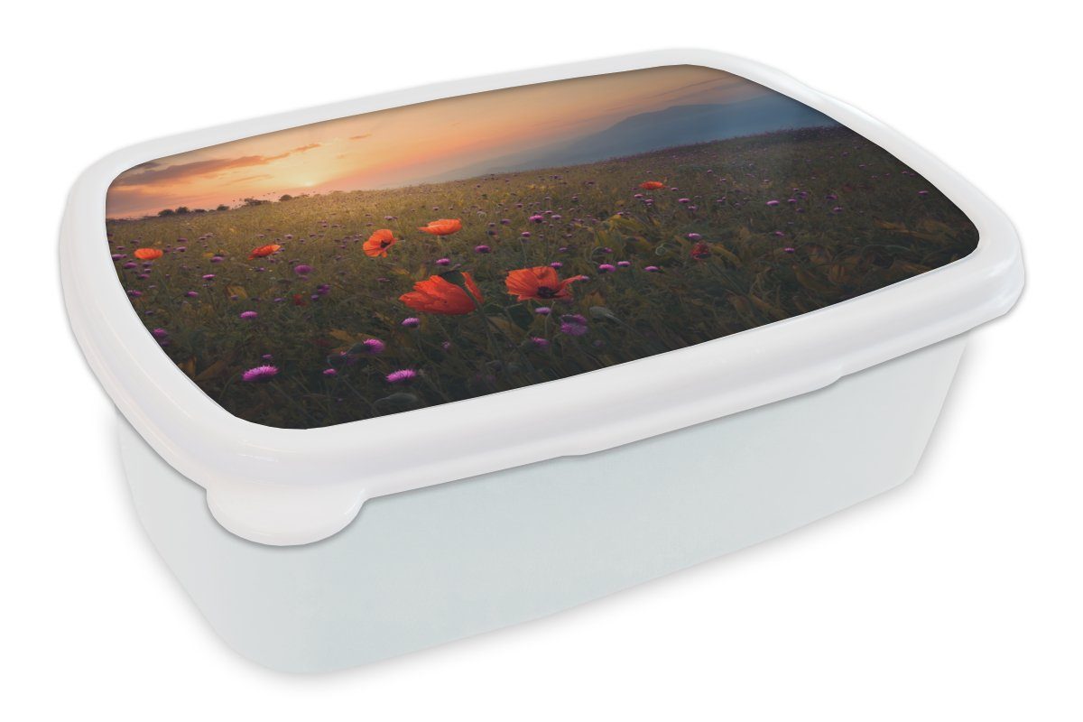 und - - für Pflanzen MuchoWow - Lunchbox Mädchen Gras und Blumen Kunststoff, Sonnenuntergang Blumenfeld für Erwachsene, Jungs (2-tlg), Orange, Kinder - Brotbox - weiß Brotdose,