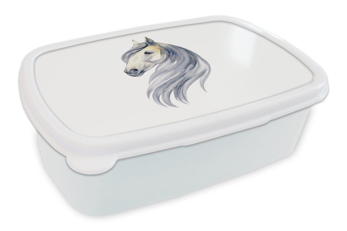 MuchoWow Lunchbox Pferd - Aquarell - Tier - Mädchen - Kinder - Mädchen, Kunststoff, (2-tlg), Brotbox für Kinder und Erwachsene, Brotdose, für Jungs und Mädchen weiß