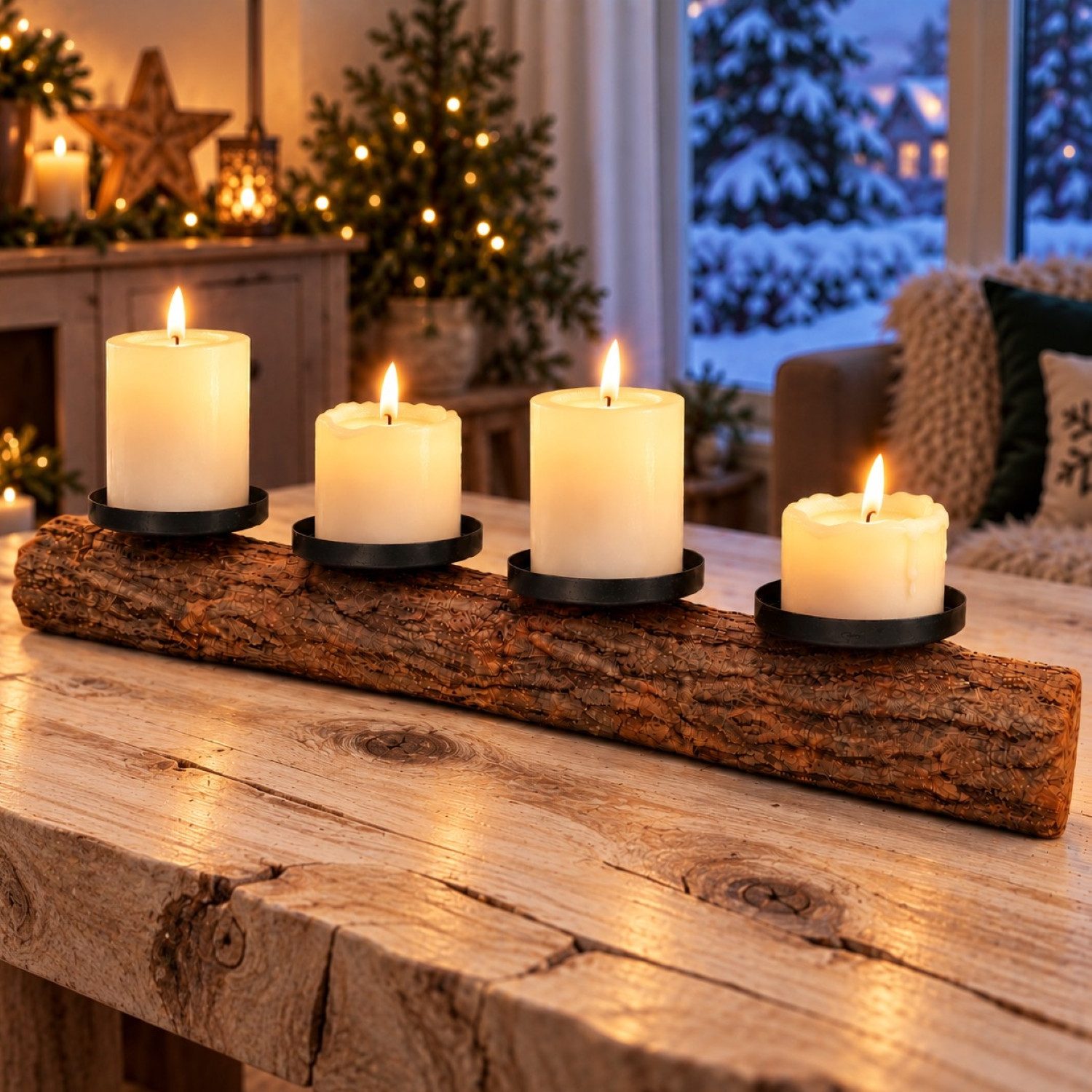 Online-Fuchs Kerzenständer Adventskranz aus Holz für 4 Stumpenkerzen - Kerzenhalter aus Metall (Baumstamm, für Tisch, Sideboard oder Fensterbank geeignet), aus natürlichem Holz gefertigt - länglich