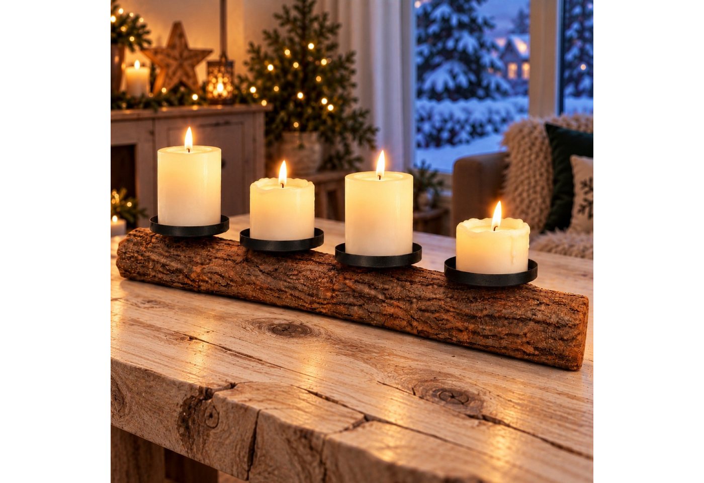 Online-Fuchs Kerzenständer Adventskranz aus Holz für 4 Stumpenkerzen - Kerzenhalter aus Metall (Baumstamm, für Tisch, Sideboard oder Fensterbank geeignet), aus natürlichem Holz gefertigt - länglich