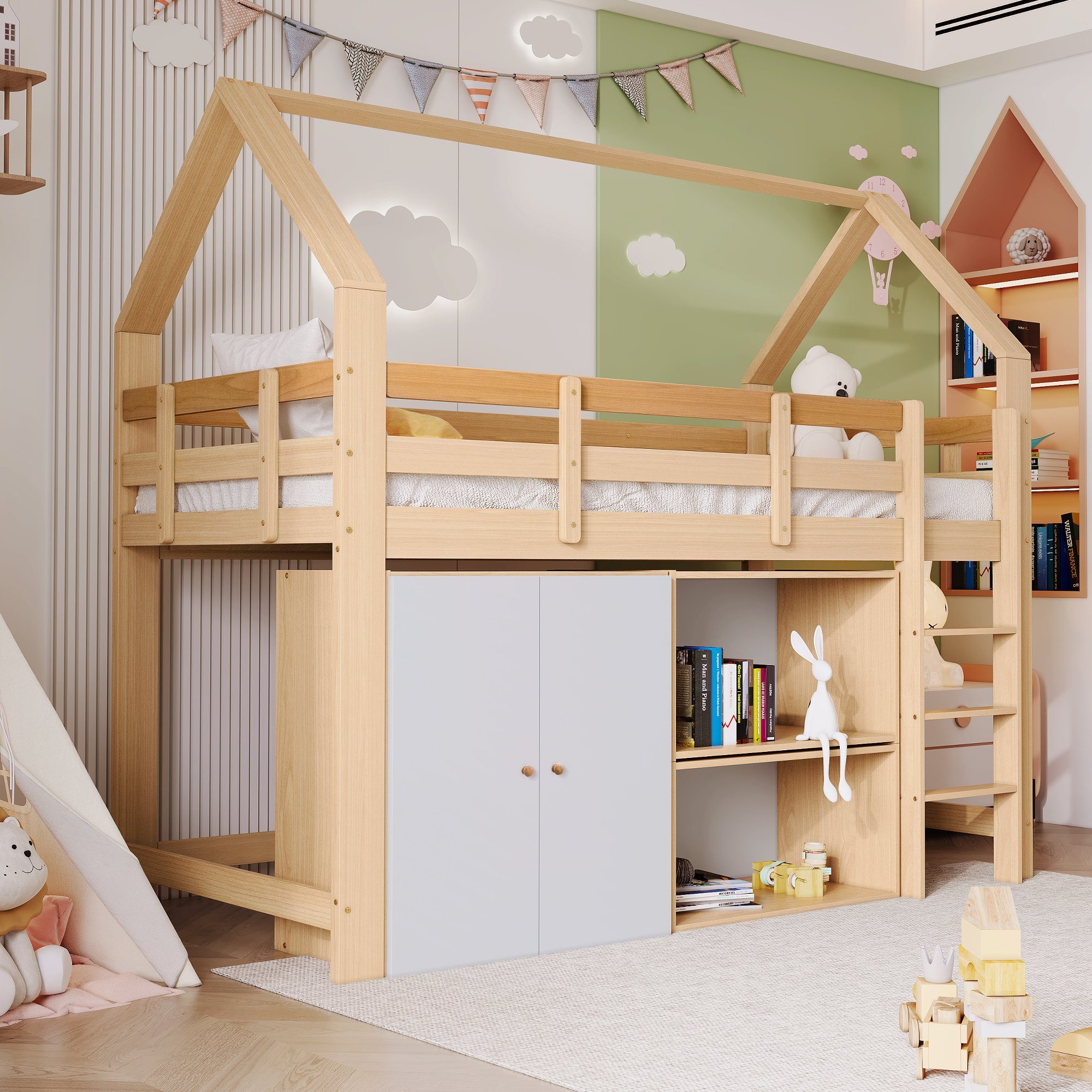 Lattenrost mit Kinderbett Einzelbett, Hochbett SOFTWEARY (90x200 Kiefer Rausfallschutz, Hausbett cm) inkl.