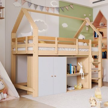 SOFTWEARY Hochbett Hausbett mit Lattenrost (90x200 cm) Kinderbett inkl. Rausfallschutz, Einzelbett, Kiefer