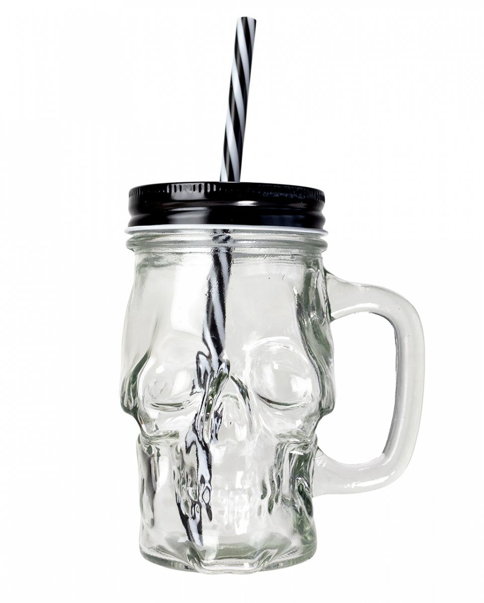 Dekofigur Totenkopf Glas mit Deckel & Strohhalm für Hallowee