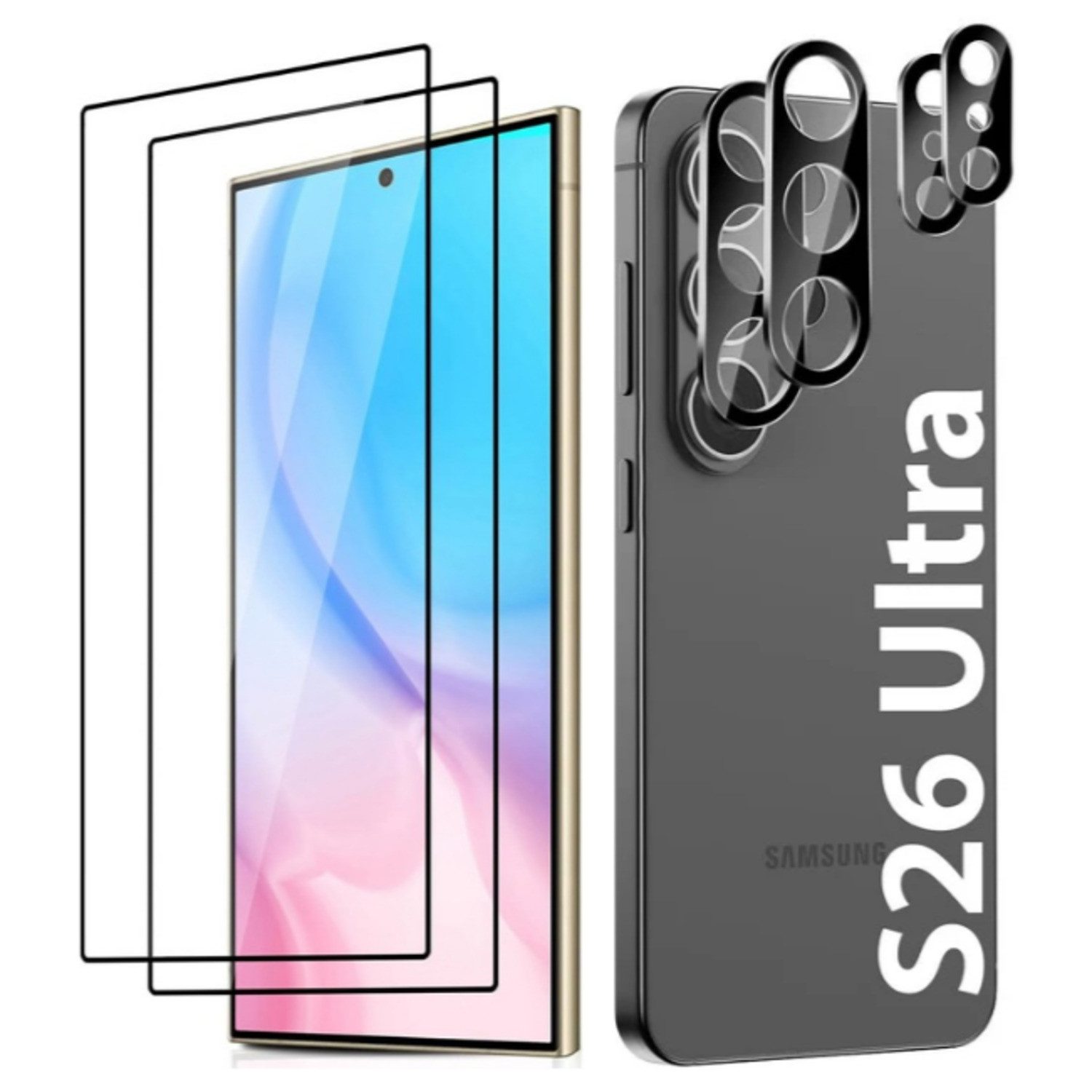 CLM-Tech Displayschutzglas 2X für Samsung Galaxy S26 Ultra und 2X Kameraschutz für Samsung Galaxy S26 Ultra 6,9 Zoll, - 2x Panzerfolie und 2x Kameraschutz 9H Panzerglas, 4 Stück, Anti-Fingerabdruck und blasenfreie Anbringung
